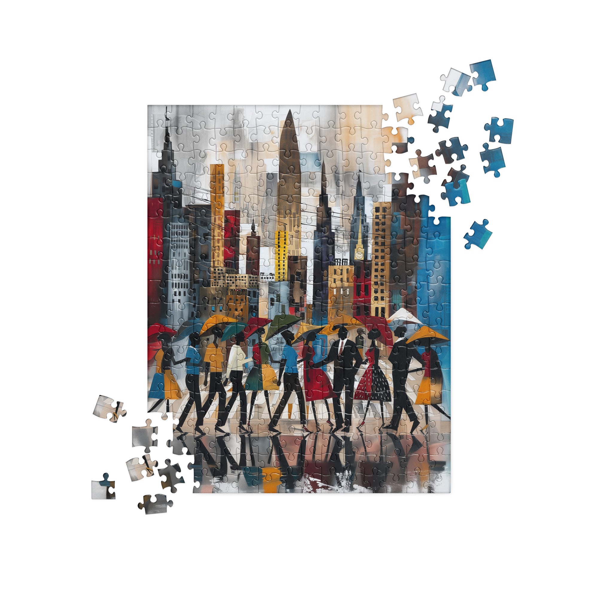 Rainy Day in Manhattan Jigsaw Puzzle - Afrocentric Abstract NYC Puzzle - Style 37.  Featuring the 252 piece puzzle with partially finished puzzle with jigsaw puzzle pieces on opposite edges.