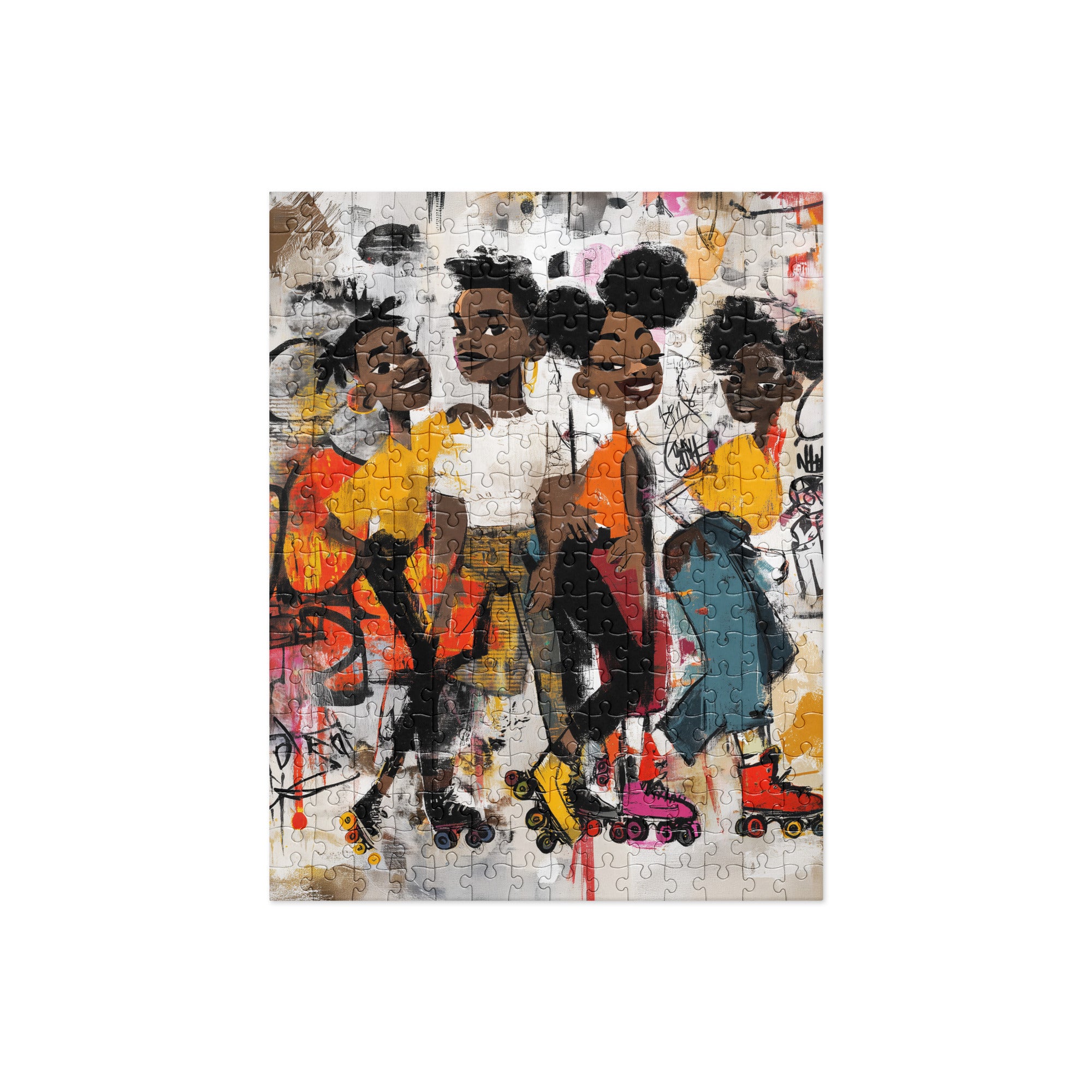 Colorful finished 520 piece jigsaw puzzle featuring Afrocentric graffiti artwork of joyful Black roller skaters gliding through a vibrant urban scene with bold street art, expressive movement, and energetic contemporary illustration.