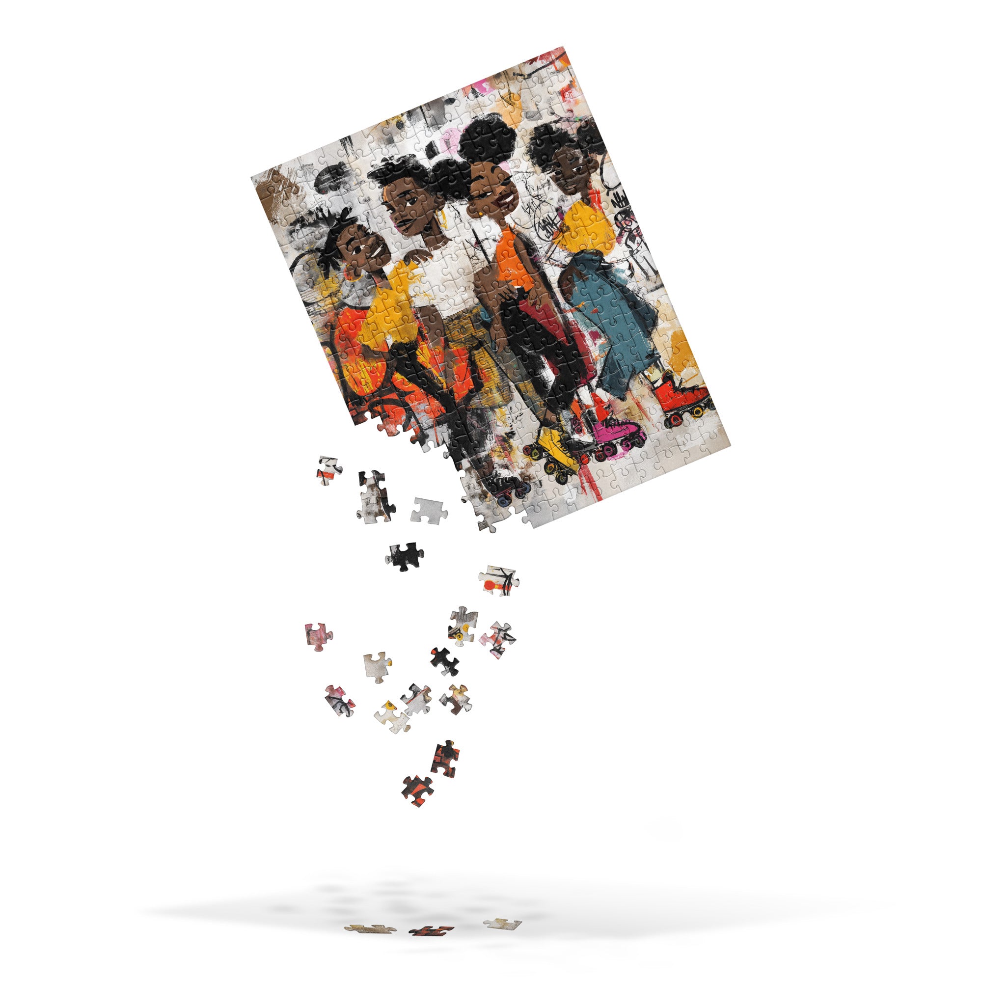 Colorful 252 piece jigsaw puzzle featuring Afrocentric graffiti artwork of joyful Black roller skaters.