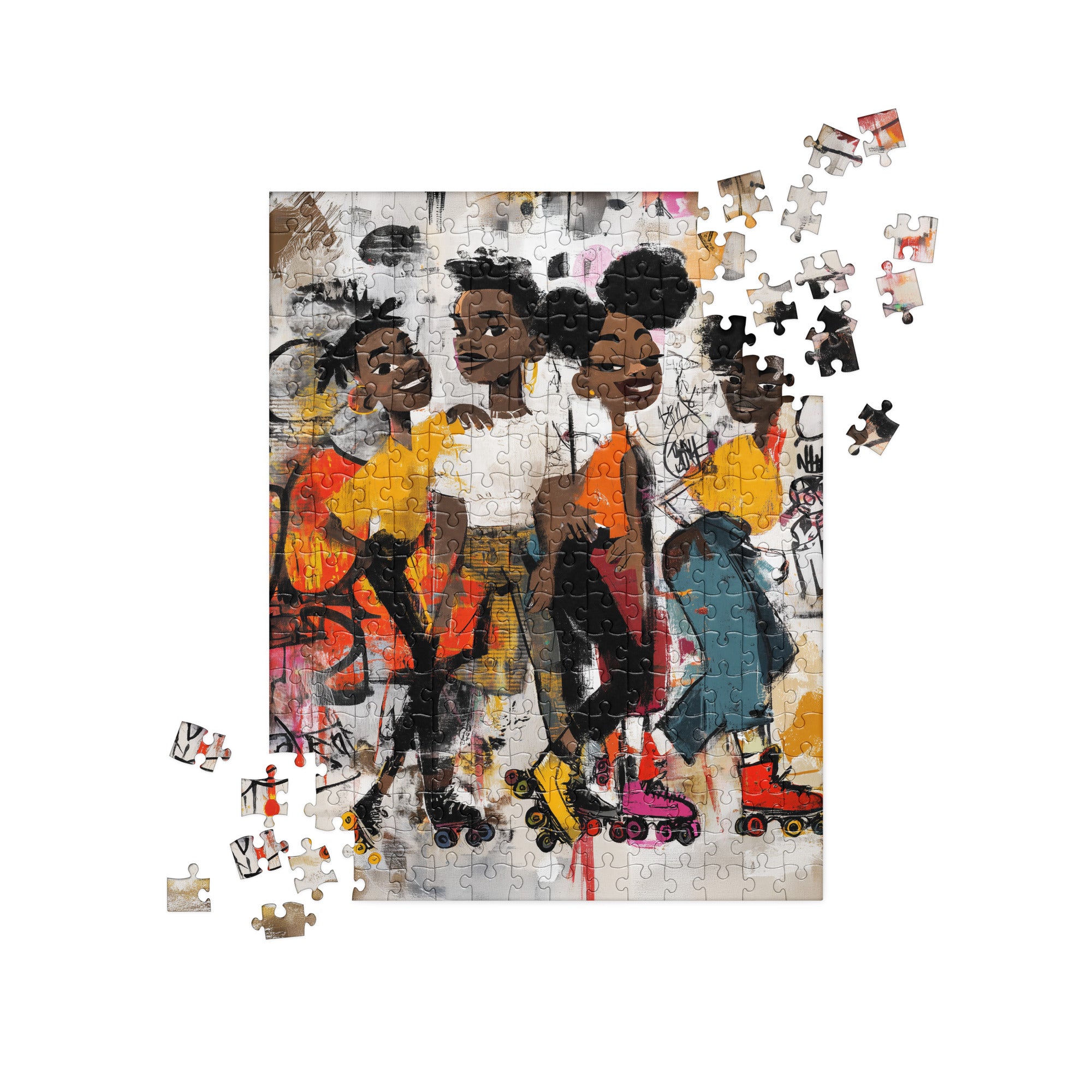 Colorful 252 piece jigsaw puzzle featuring Afrocentric graffiti artwork of joyful Black roller skaters gliding through a vibrant urban scene with bold street art, expressive movement, and energetic contemporary illustration.