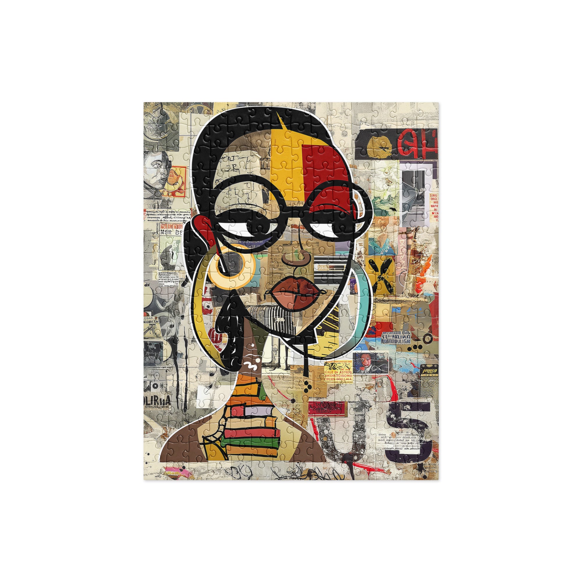 A square art print featuring a stylized collage portrait of a woman with glasses, layered over a textured newspaper and poster background. The artwork contains multiple colors including black, yellow, red, beige, and green, presented on a clean white background.