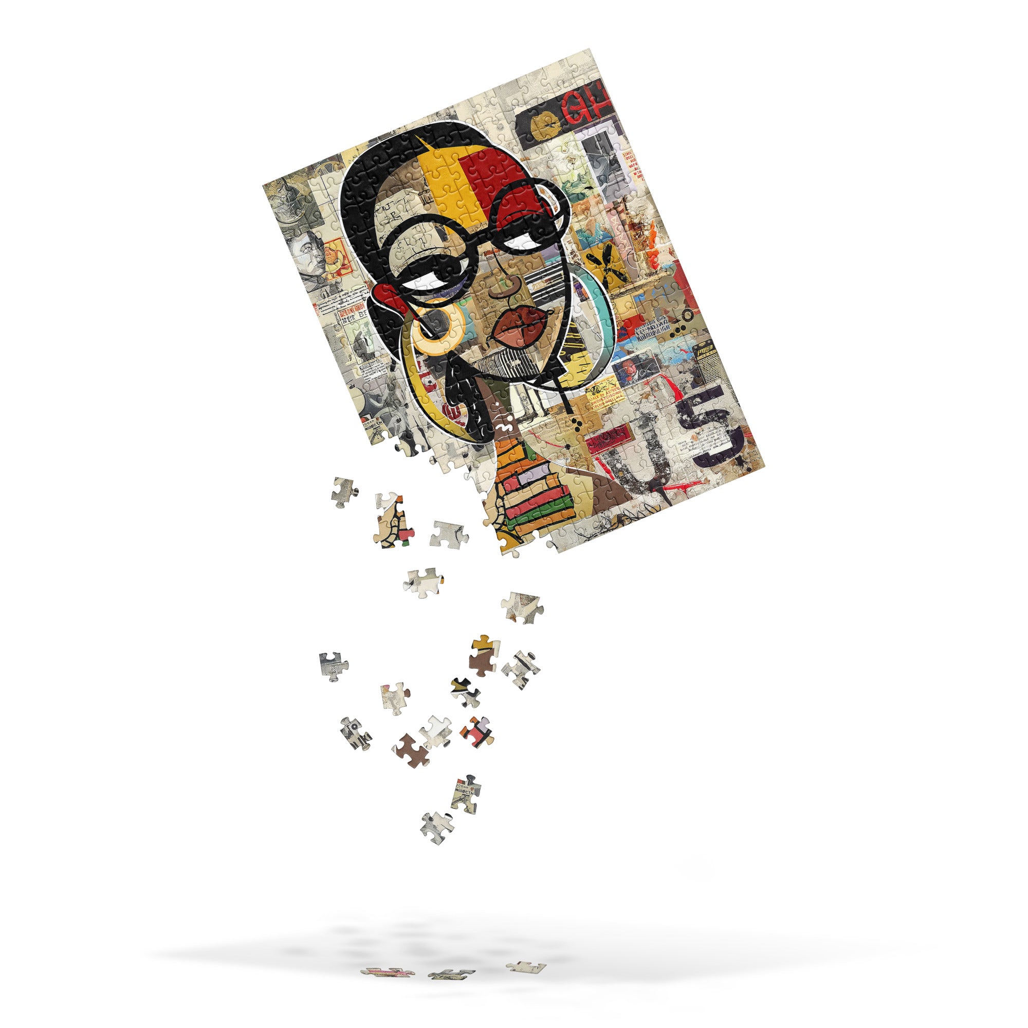 A jigsaw puzzle featuring a stylized portrait of a woman with glasses and red hair, shown tilted on a white background with loose puzzle pieces floating below.