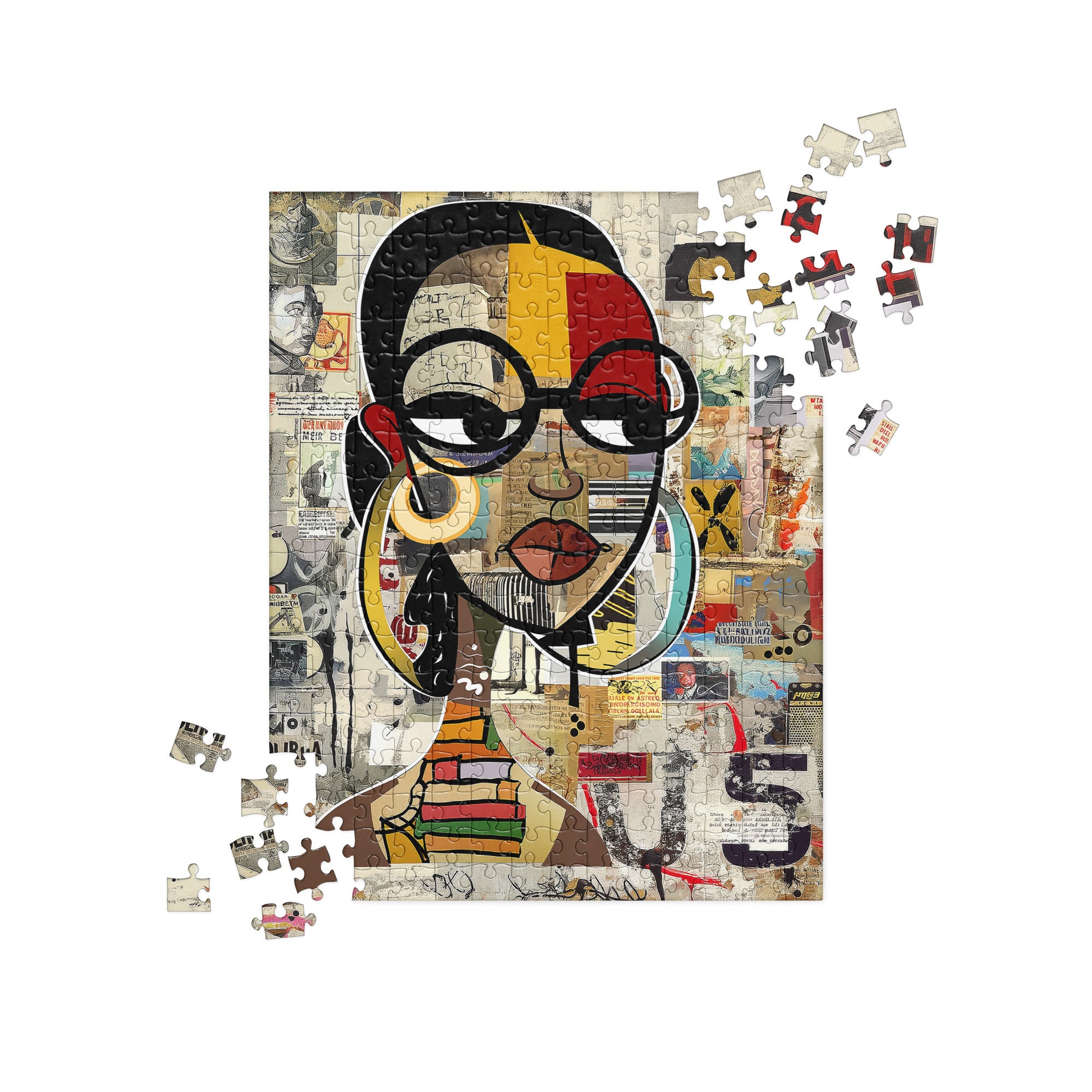A jigsaw puzzle featuring a stylized portrait collage of a woman with glasses, shown assembled with a few loose pieces scattered around it on a white background.