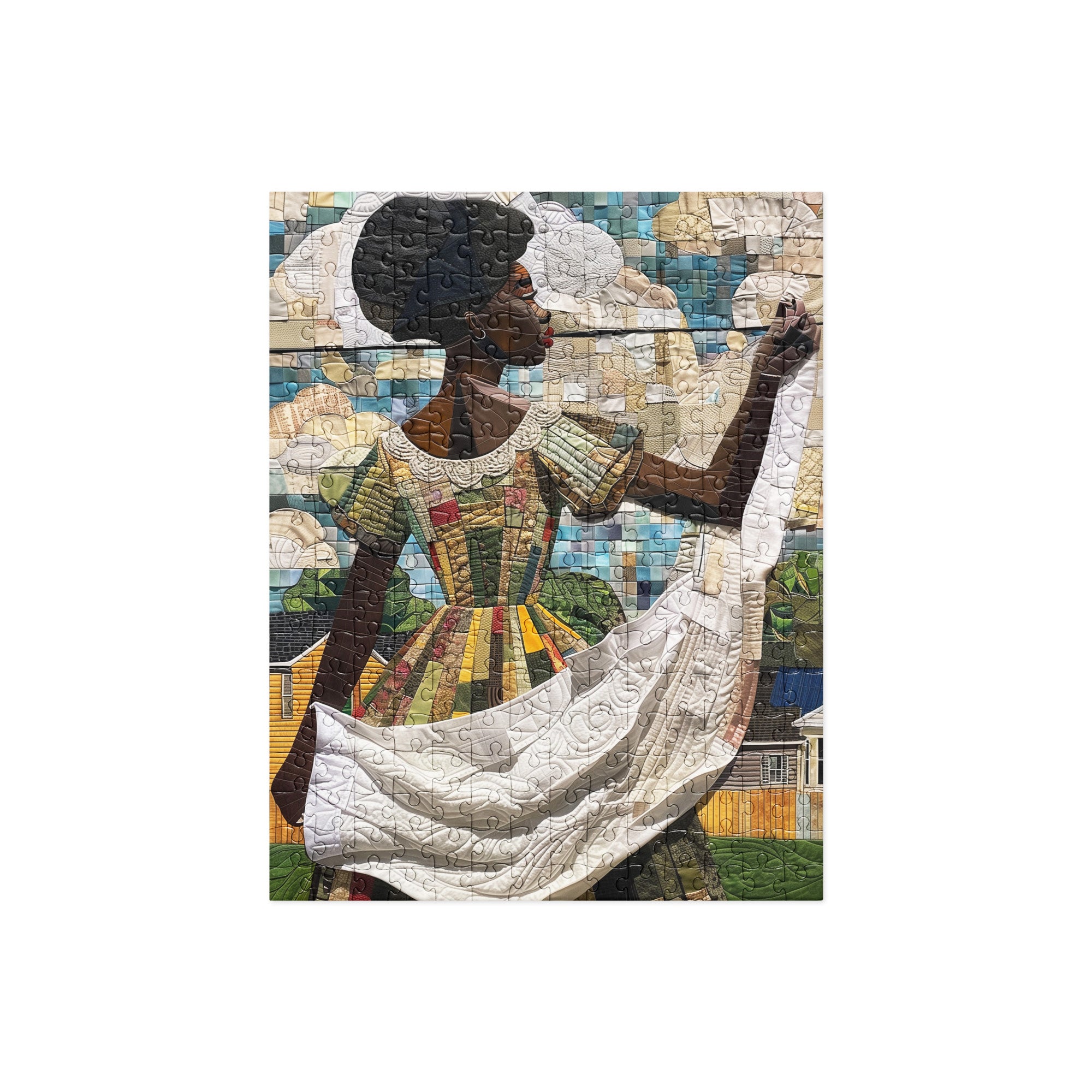 A completed jigsaw puzzle featuring a colorful mosaic portrait of a Black woman in a patterned dress hanging laundry on a clothesline, shown against a plain white background.