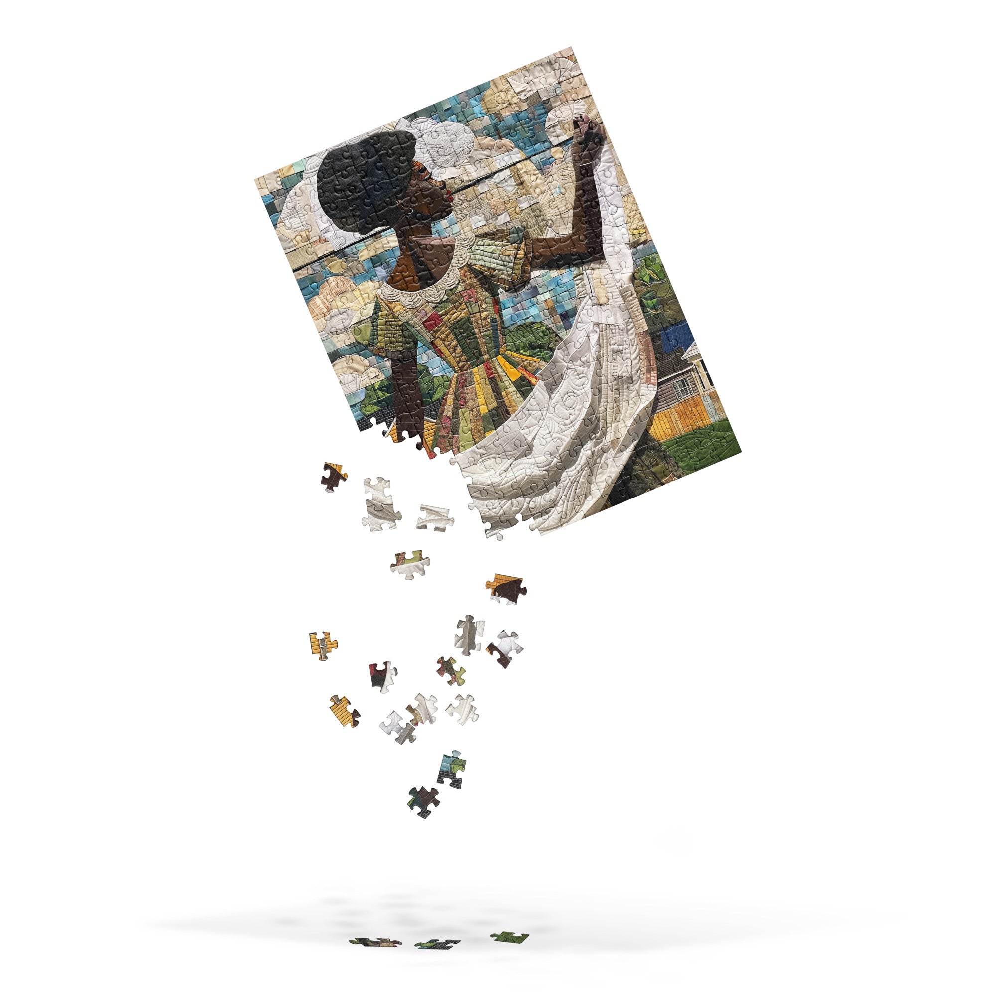 A completed jigsaw puzzle showing a mosaic portrait of a woman in a white dress, with several loose puzzle pieces floating below it on a clean white background.