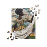 A completed jigsaw puzzle showing a stylized portrait collage of a Black woman in a patterned dress, with several loose puzzle pieces scattered around it on a white background.