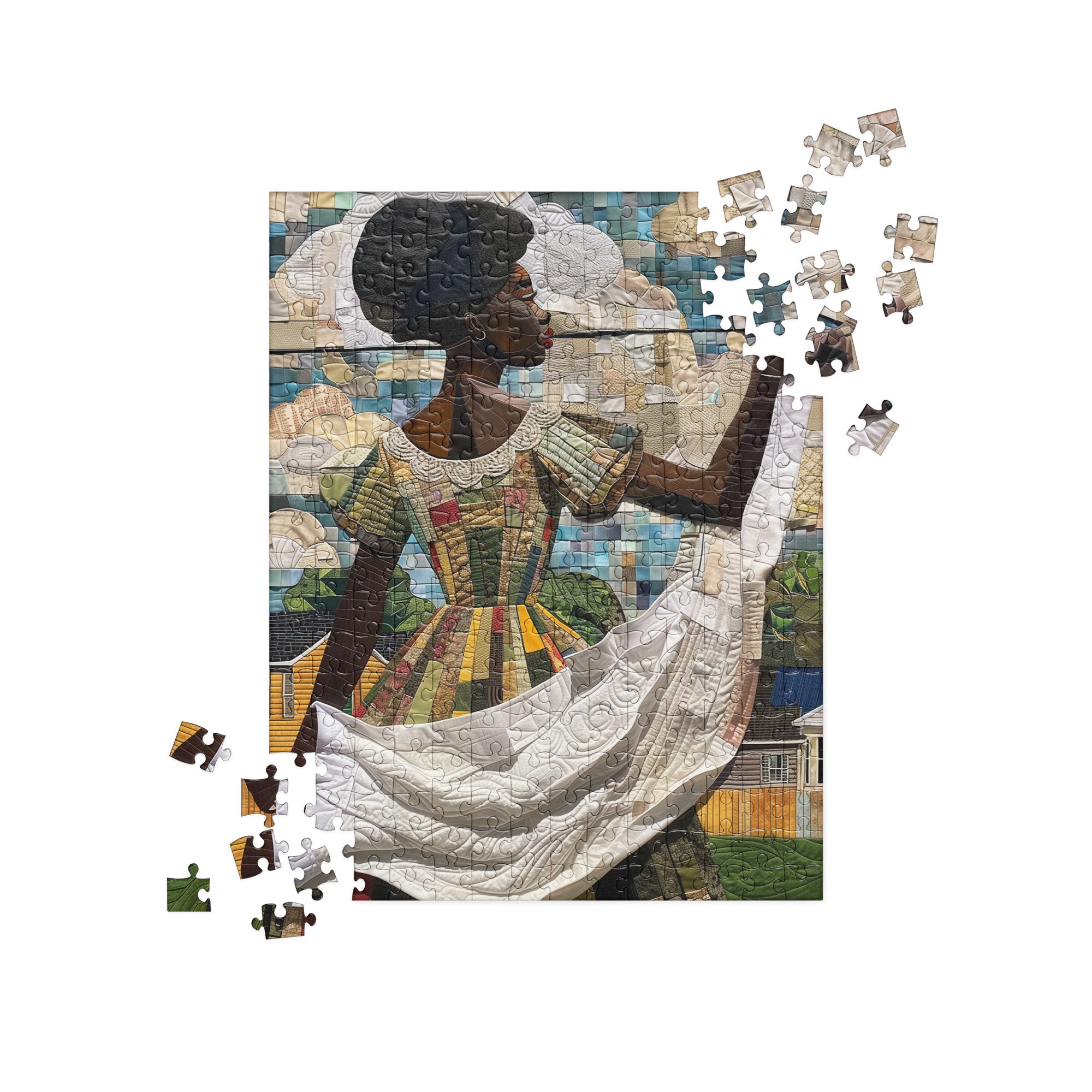 A completed jigsaw puzzle showing a stylized portrait collage of a Black woman in a patterned dress, with several loose puzzle pieces scattered around it on a white background.