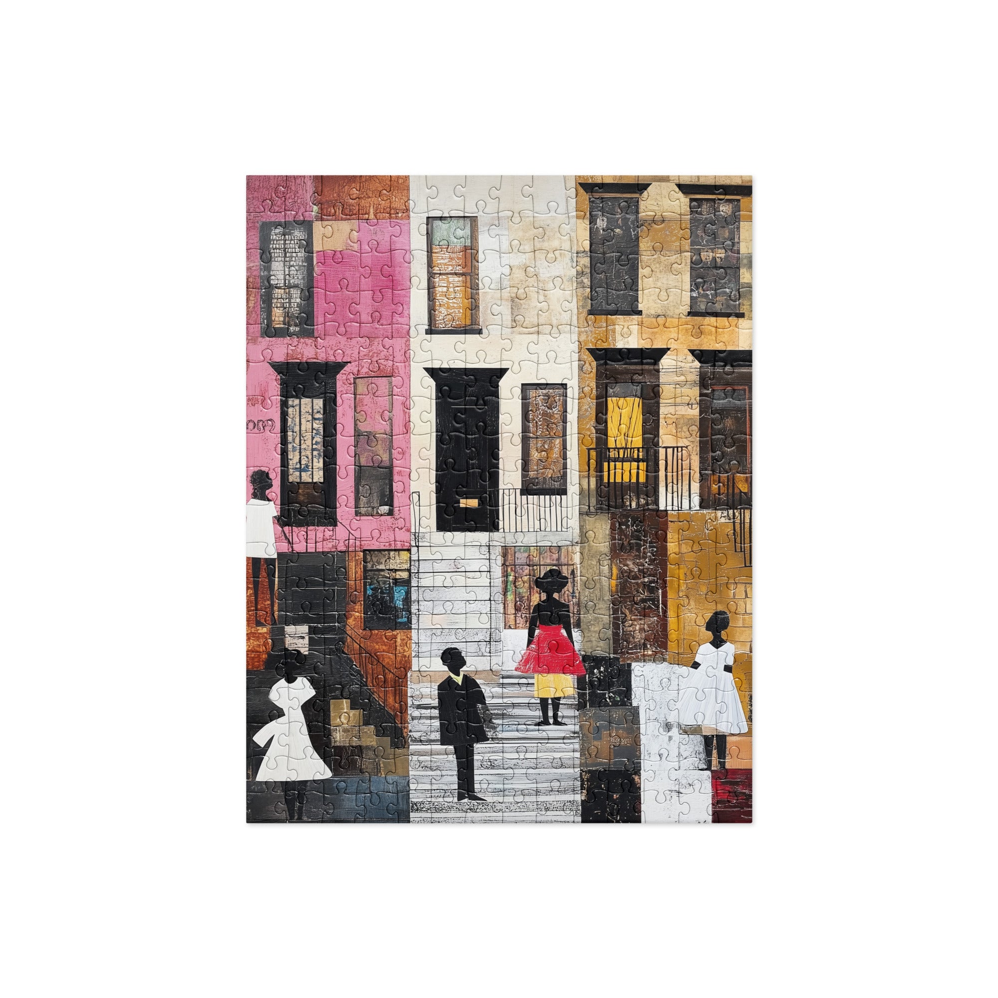 A completed jigsaw puzzle showing an urban street scene of Harlem brownstones with Black women in Sunday white dresses,  shown against a white background. Size = 252 pieces.