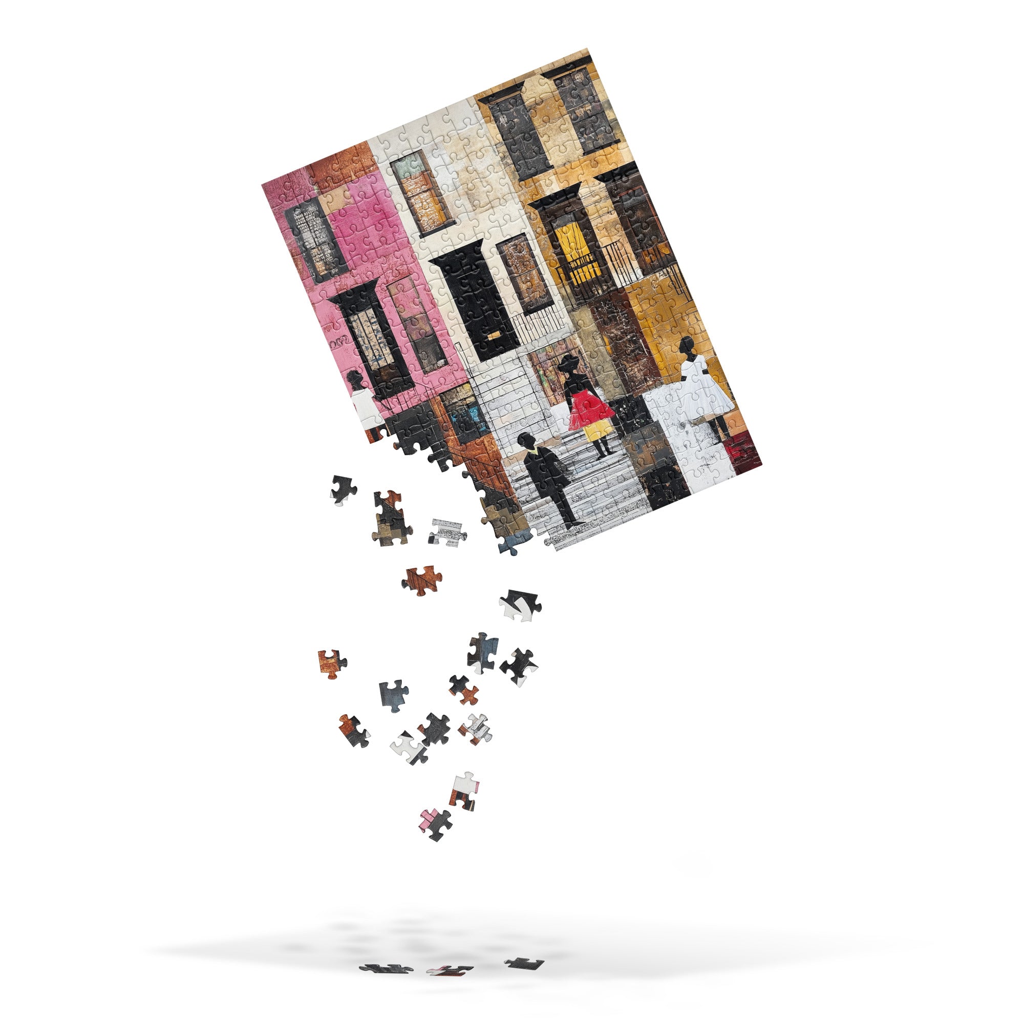 A completed jigsaw puzzle showing an urban street scene of Harlem brownstones with Black women in Sunday white dresses,  shown against a white background, tilted on a white background with loose puzzle pieces floating below.  Size = 252 pieces. 