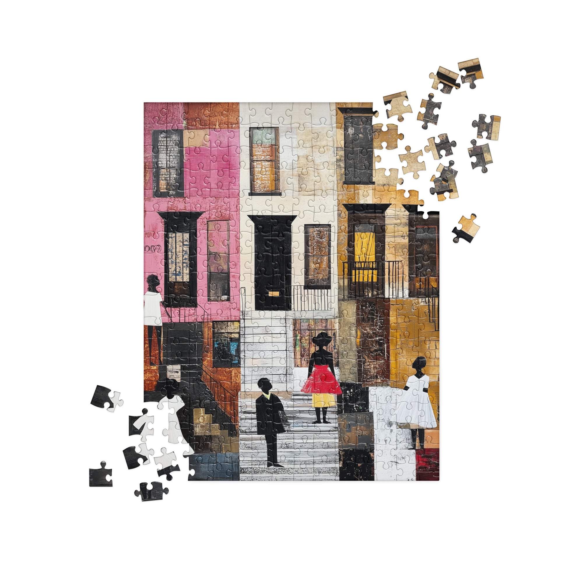 A completed jigsaw puzzle showing an urban street scene of Harlem brownstones with Black women in Sunday white dresses,  plus loose puzzle pieces scattered in the top-right and bottom-left corners on a white background.  Size = 252 pieces.