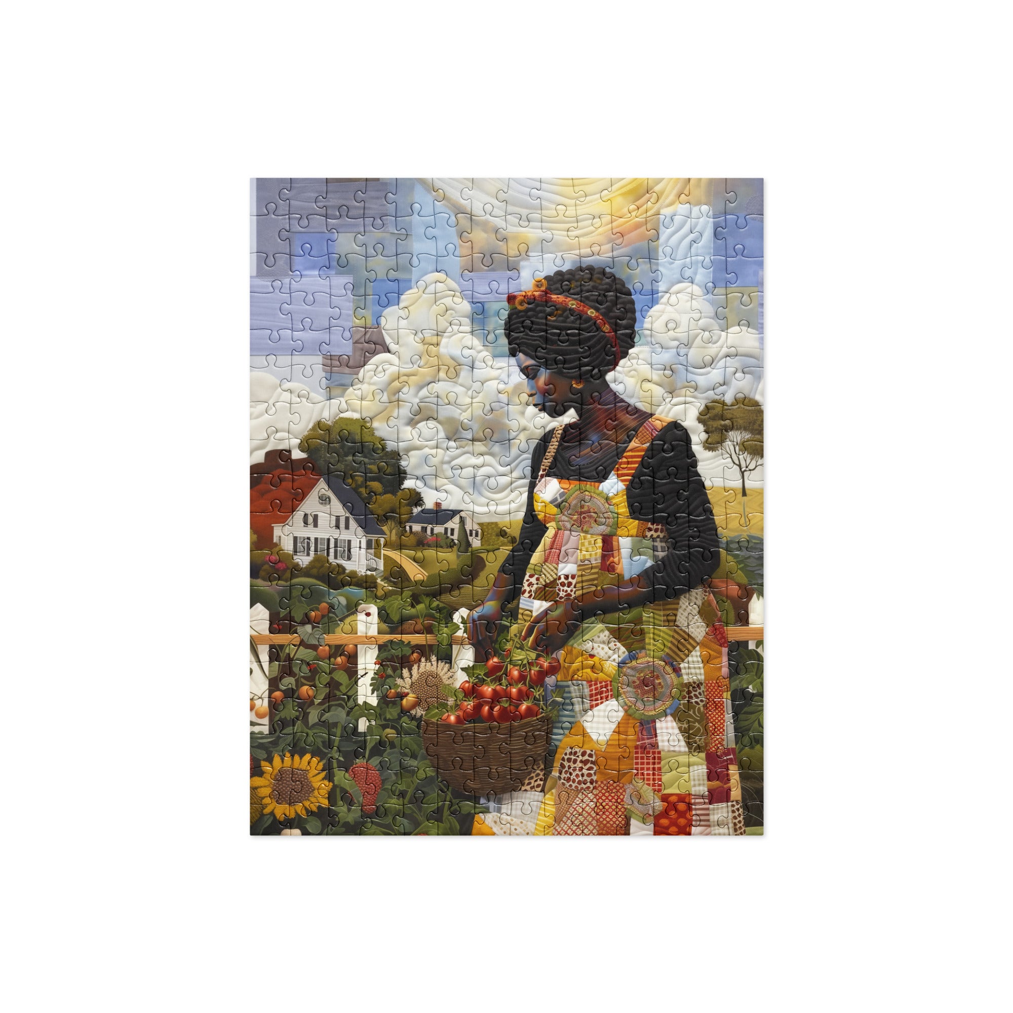 Completed jigsaw puzzle featuring Black women gardening and harvesting fresh vegetables, illustrated in a colorful faux quilt collage style with layered fabric-inspired textures and Afrocentric artistry. Size 252 pieces.