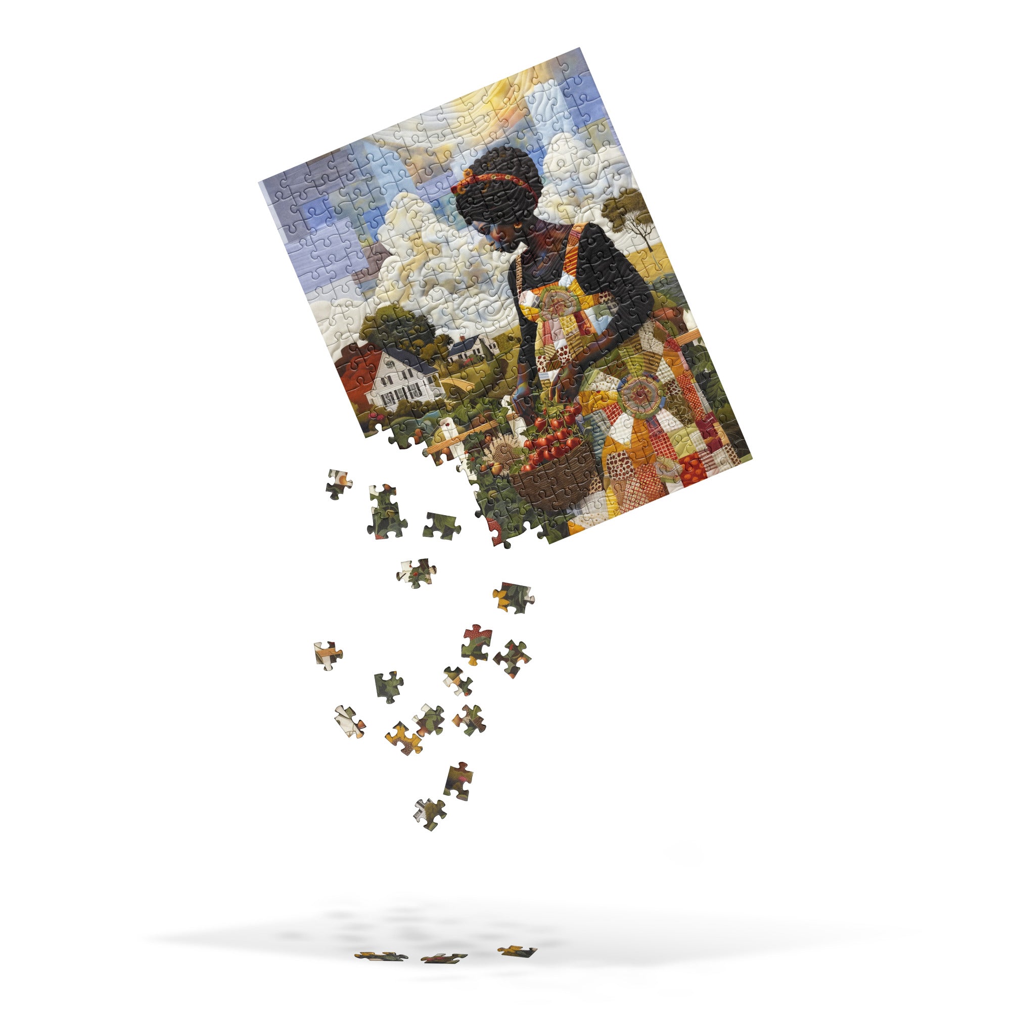 Falling pieces of work in progress of jigsaw puzzle featuring Black women gardening and harvesting fresh vegetables, illustrated in a colorful faux quilt collage style with layered fabric-inspired textures and Afrocentric artistry. Size 252 pieces.