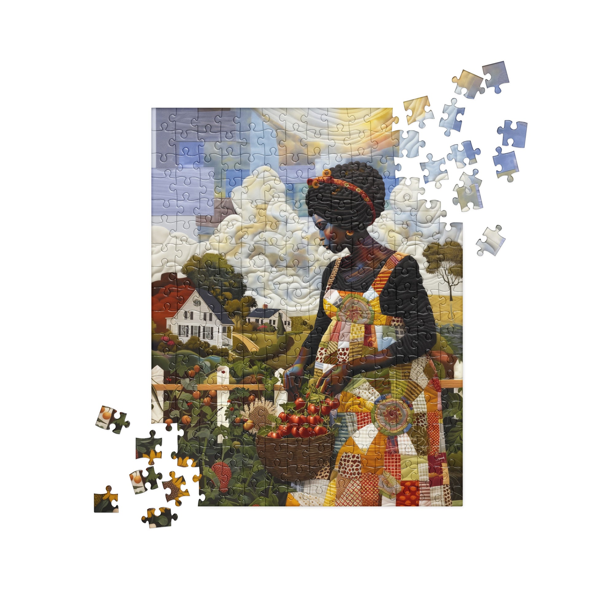 In process of working jigsaw puzzle featuring Black women gardening and harvesting fresh vegetables, illustrated in a colorful faux quilt collage style with layered fabric-inspired textures and Afrocentric artistry. Size 252 pieces.