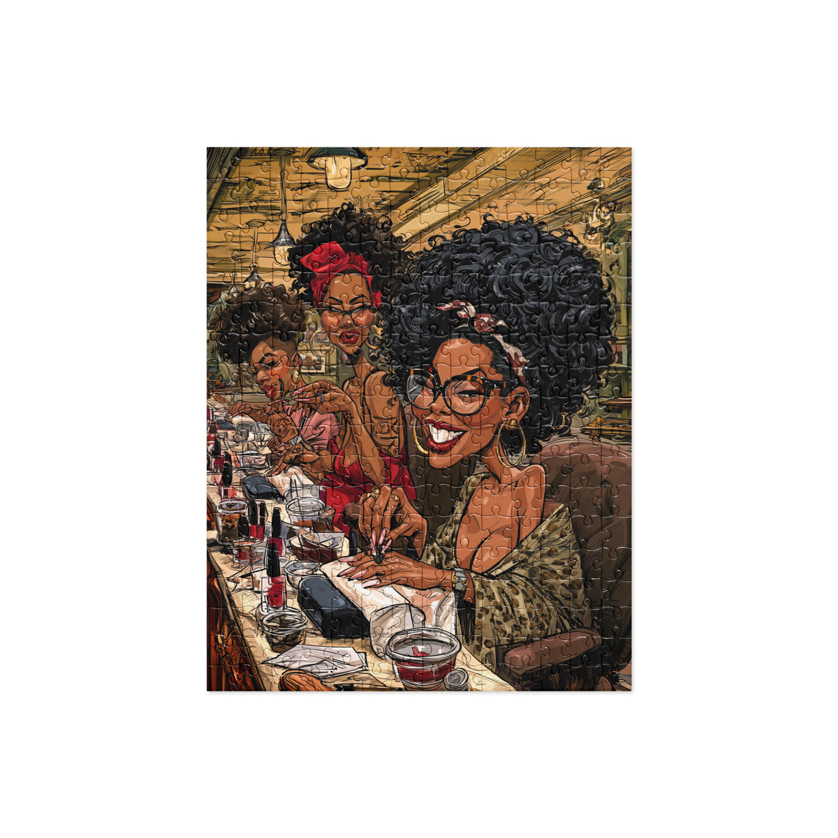 Completed colorful 252 piece jigsaw puzzle artwork featuring stylish Black women enjoying manicures together at a busy nail salon, with natural hairstyles, glasses, nail polish and beauty accessories.