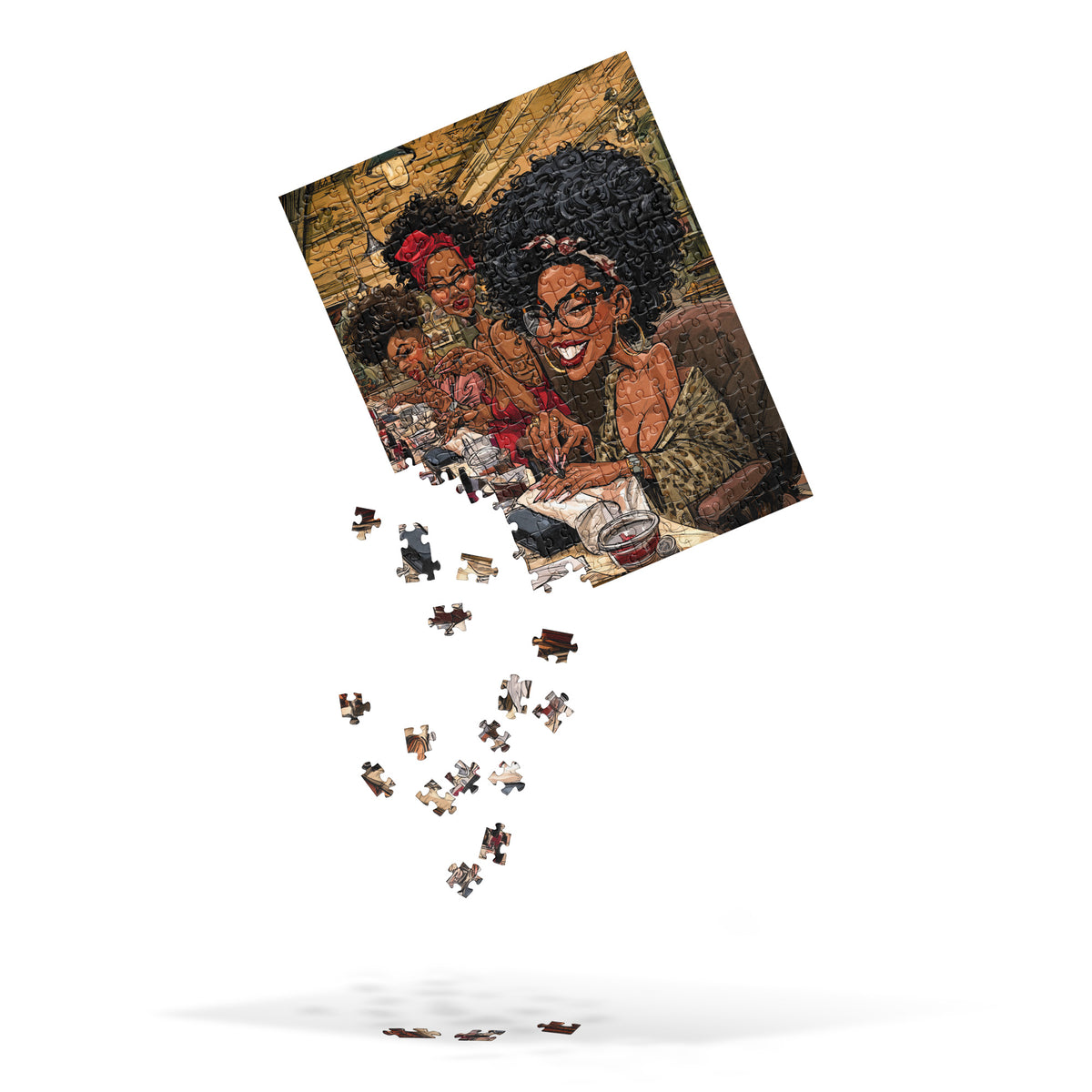 View of in progress building of colorful 252 piece jigsaw puzzle artwork featuring stylish Black women enjoying manicures together at a busy nail salon, with natural hairstyles, glasses, nail polish and beauty accessories.  Display shows puzzle in mid-air with pieces of puzzle cascading down on the lower left edge.