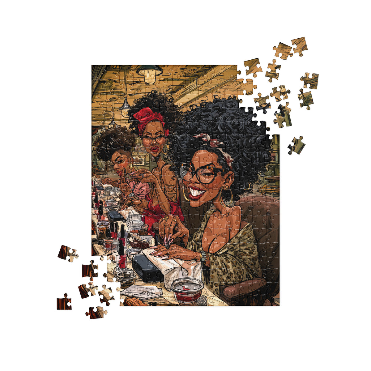 View of in progress building of colorful 252 piece jigsaw puzzle artwork featuring stylish Black women enjoying manicures together at a busy nail salon, with natural hairstyles, glasses, nail polish and beauty accessories.