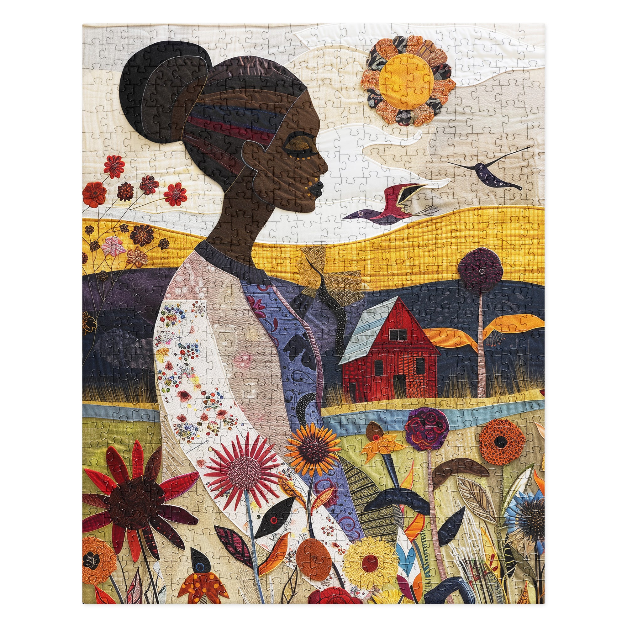 Garden Oasis Black Woman Jigsaw Puzzle featuring a floral nature scene. A perfect gift for gardening lovers and a beautiful Afrocentric art therapy activity celebrating African American women.