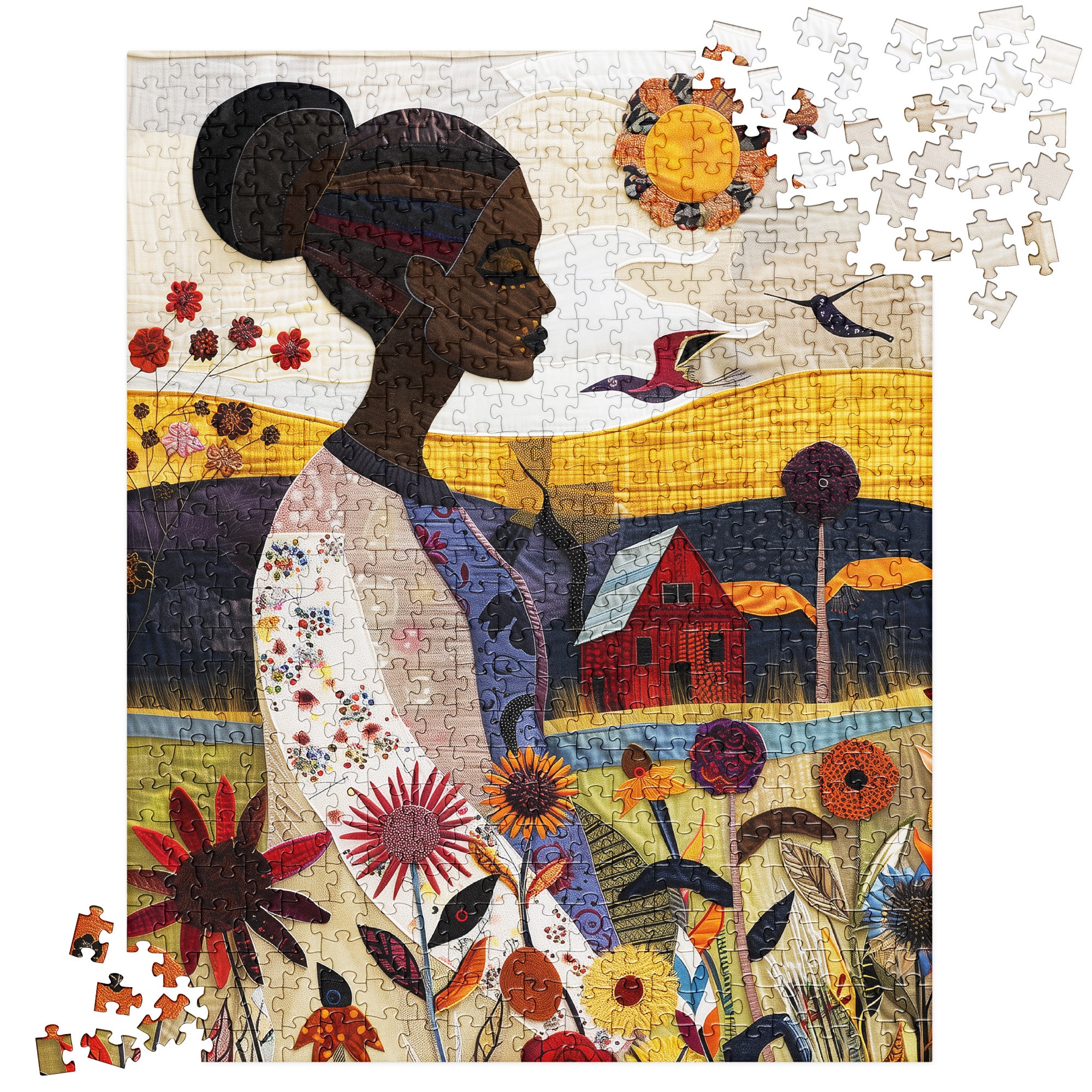 Garden Oasis Black Woman Jigsaw Puzzle featuring a floral nature scene. A perfect gift for gardening lovers and a beautiful Afrocentric art therapy activity celebrating African American women.