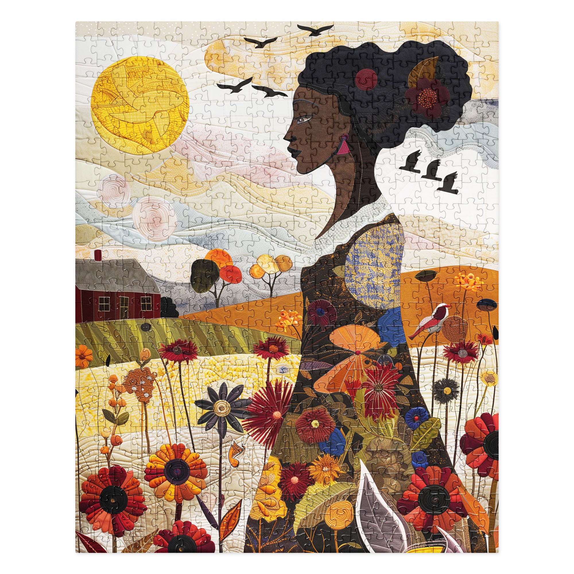 Jigsaw puzzle featuring an African American woman in a vibrant garden surrounded by colorful wildflowers. The design is quilt-inspired, blending floral nature elements with Afrocentric art. Ideal for art therapy, relaxation, and celebrating Black women who love gardening.