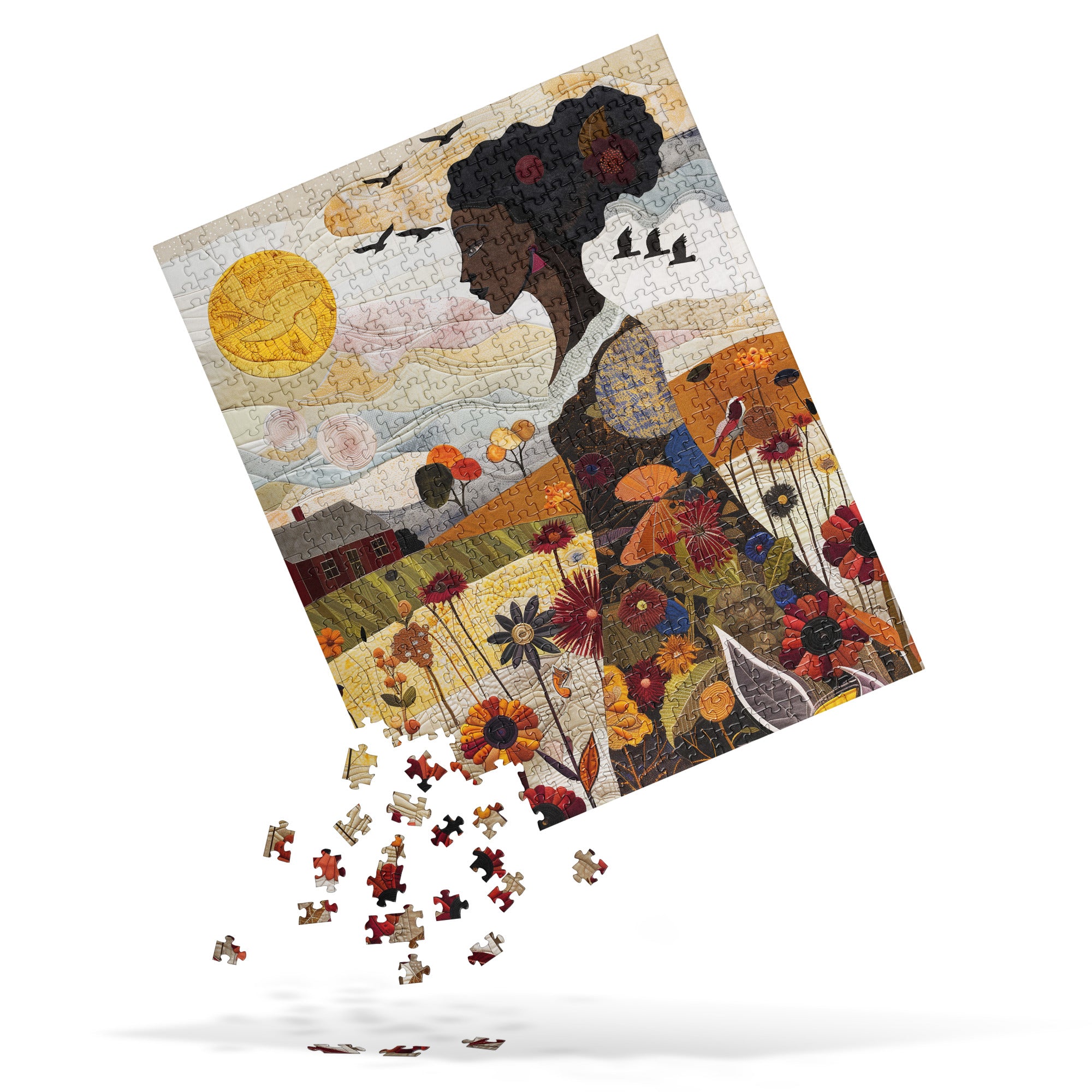 Jigsaw puzzle featuring an African American woman in a vibrant garden surrounded by colorful wildflowers. The design is quilt-inspired, blending floral nature elements with Afrocentric art. Ideal for art therapy, relaxation, and celebrating Black women who love gardening.
