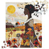 Jigsaw puzzle featuring an African American woman in a vibrant garden surrounded by colorful wildflowers. The design is quilt-inspired, blending floral nature elements with Afrocentric art. Ideal for art therapy, relaxation, and celebrating Black women who love gardening.