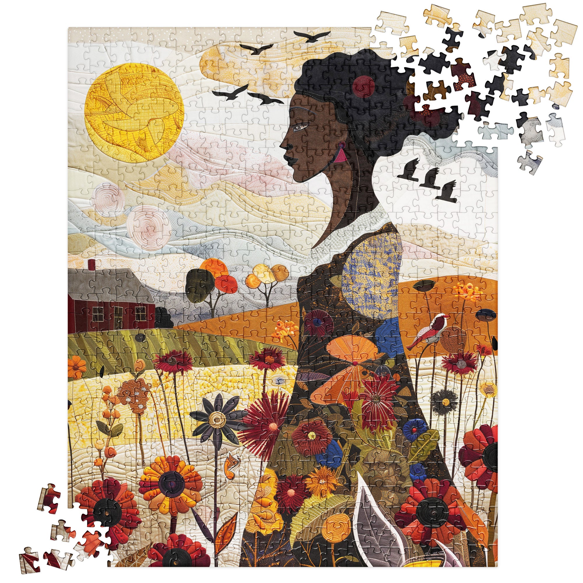 Jigsaw puzzle featuring an African American woman in a vibrant garden surrounded by colorful wildflowers. The design is quilt-inspired, blending floral nature elements with Afrocentric art. Ideal for art therapy, relaxation, and celebrating Black women who love gardening.