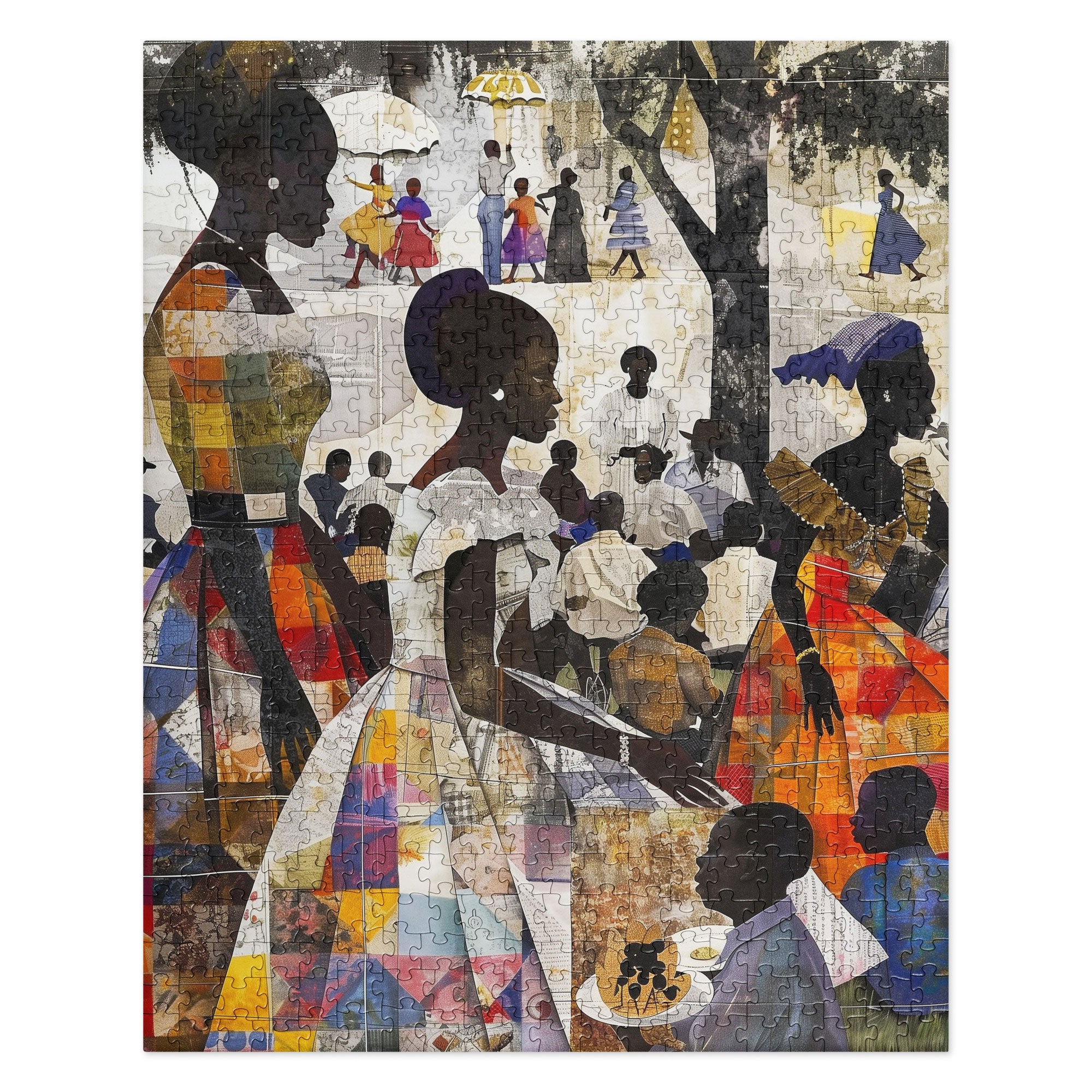 Picnic in the Park Jigsaw Puzzle featuring African American women and children enjoying an outdoor family picnic, illustrated in a colorful Afrocentric style.