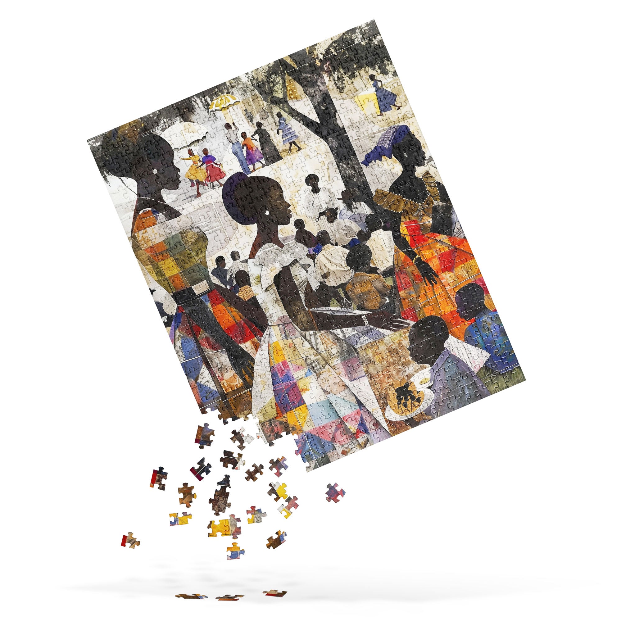 Picnic in the Park Jigsaw Puzzle featuring African American women and children enjoying an outdoor family picnic, illustrated in a colorful Afrocentric style.