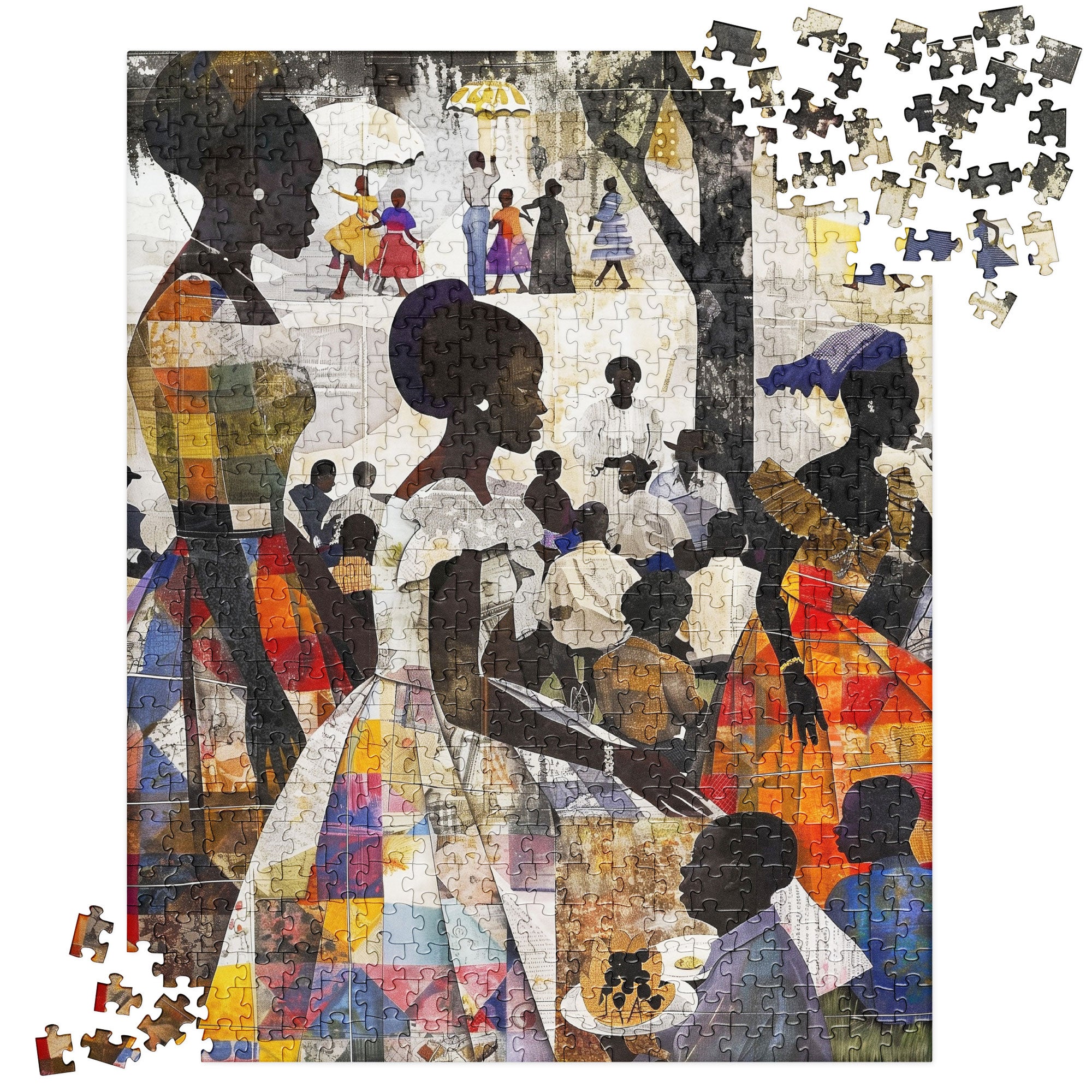 Picnic in the Park Jigsaw Puzzle featuring African American women and children enjoying an outdoor family picnic, illustrated in a colorful Afrocentric style.