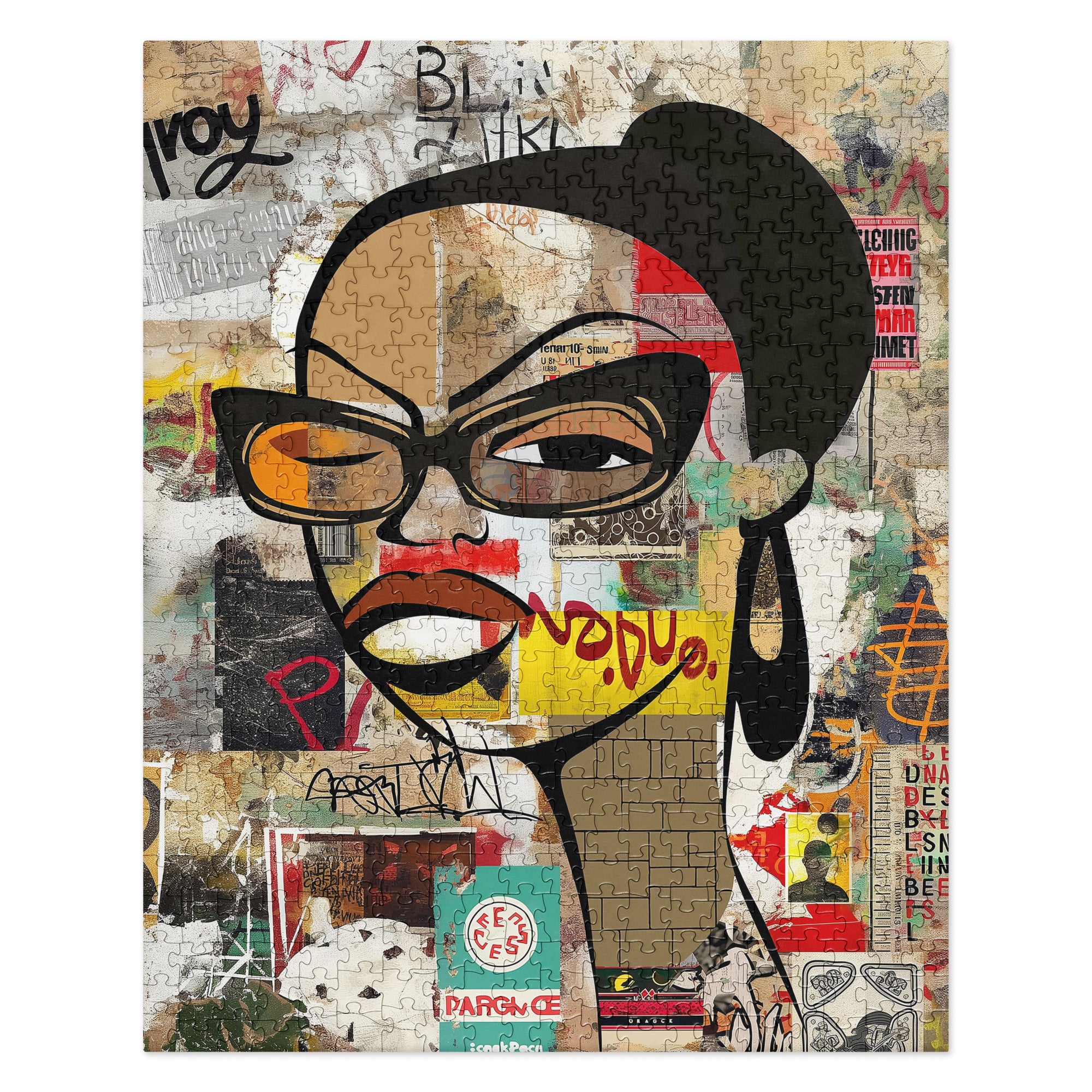 Boss Babe Jigsaw Puzzle featuring Black woman named Markeisha in cartoon graffiti style, Afrocentric art, vibrant colors, family game puzzle.