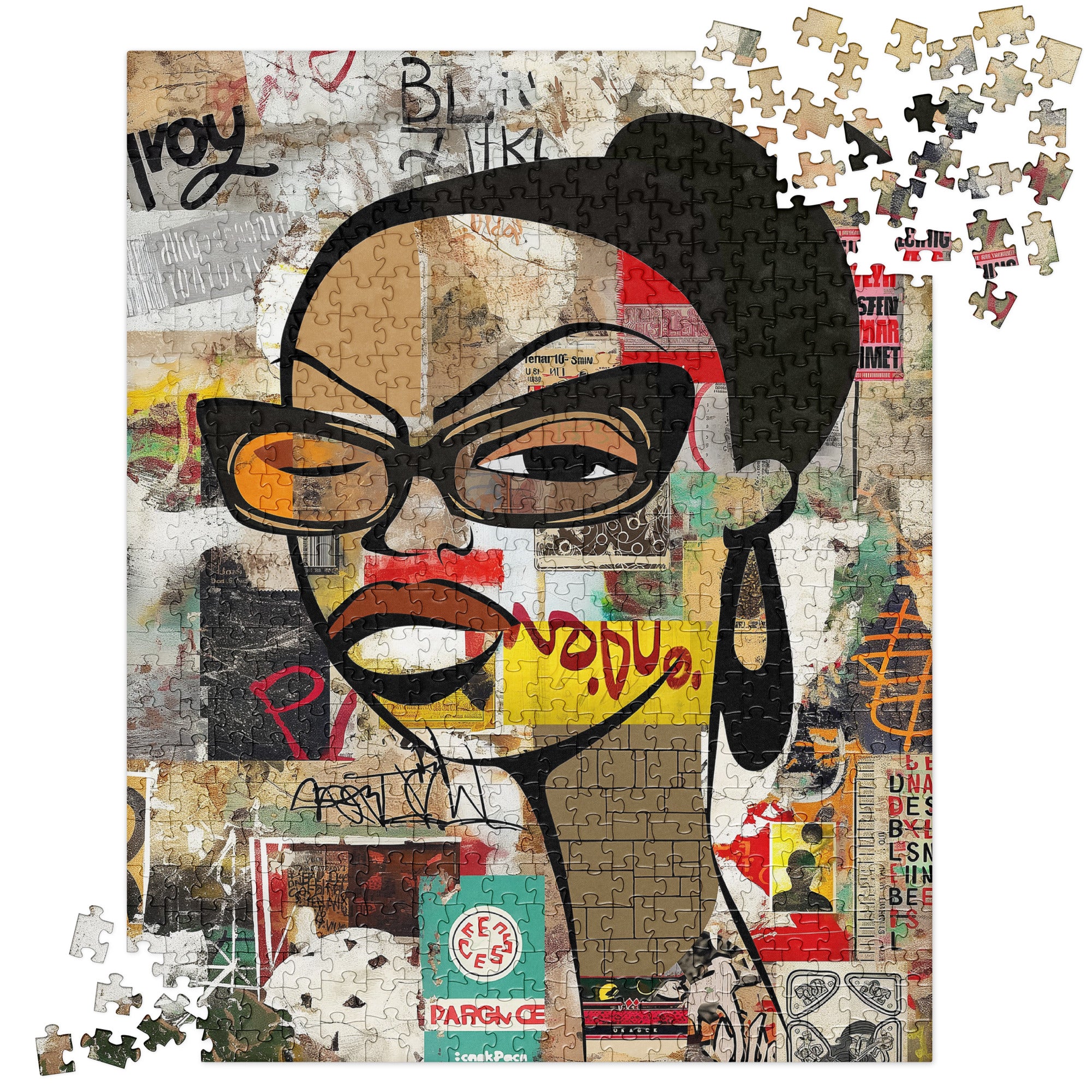 Boss Babe Jigsaw Puzzle featuring Black woman named Markeisha in cartoon graffiti style, Afrocentric art, vibrant colors, family game puzzle.