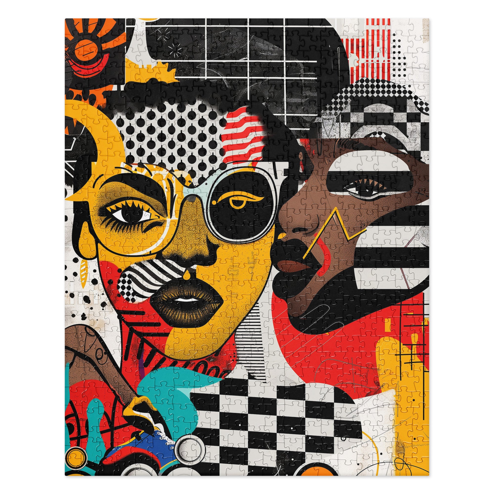 Black Women Collage Art Jigsaw Puzzle featuring a multidimensional Soul Sister design in colorful graffiti pop art style, perfect for art therapy and puzzle lovers.