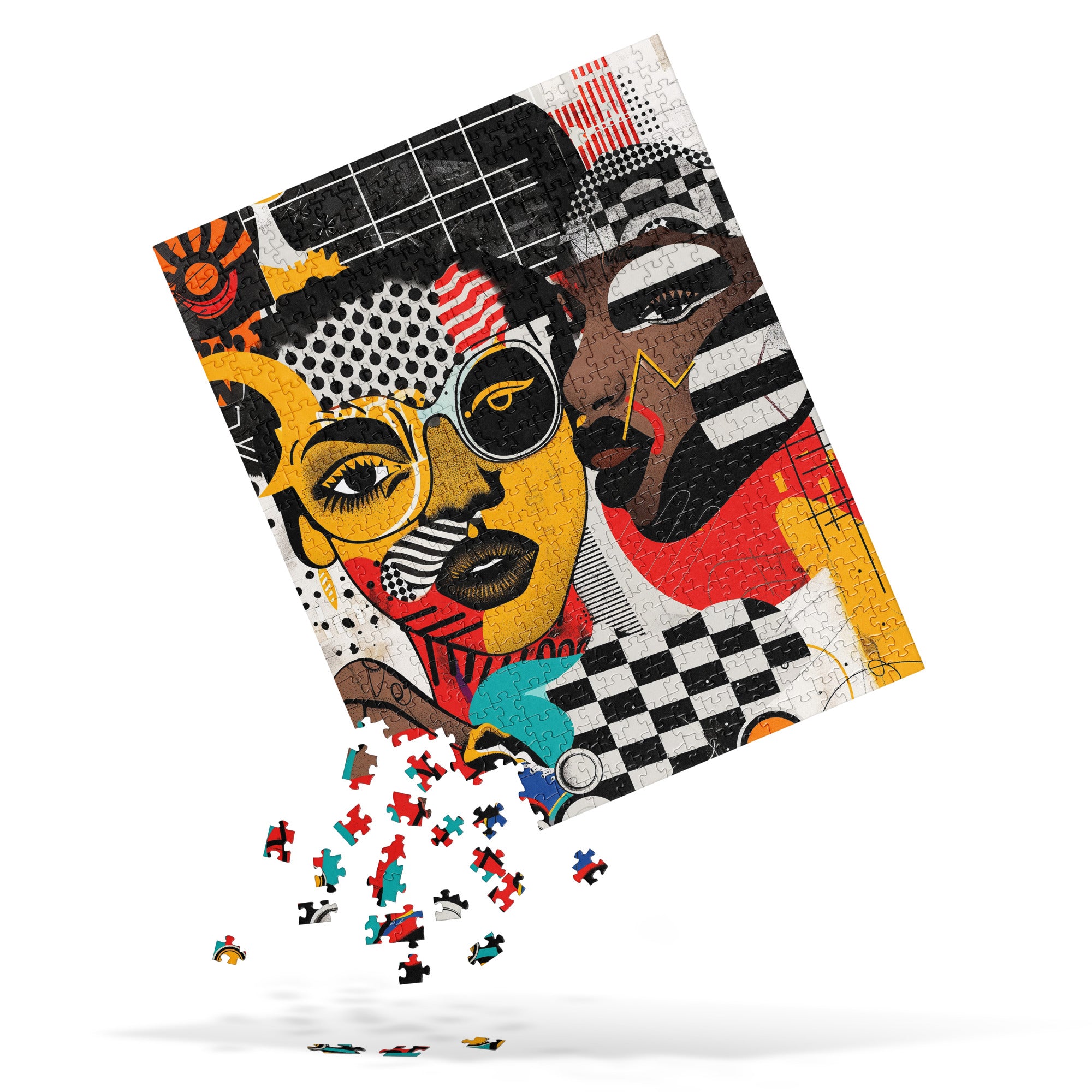 Black Women Collage Art Jigsaw Puzzle featuring a multidimensional Soul Sister design in colorful graffiti pop art style, perfect for art therapy and puzzle lovers.
