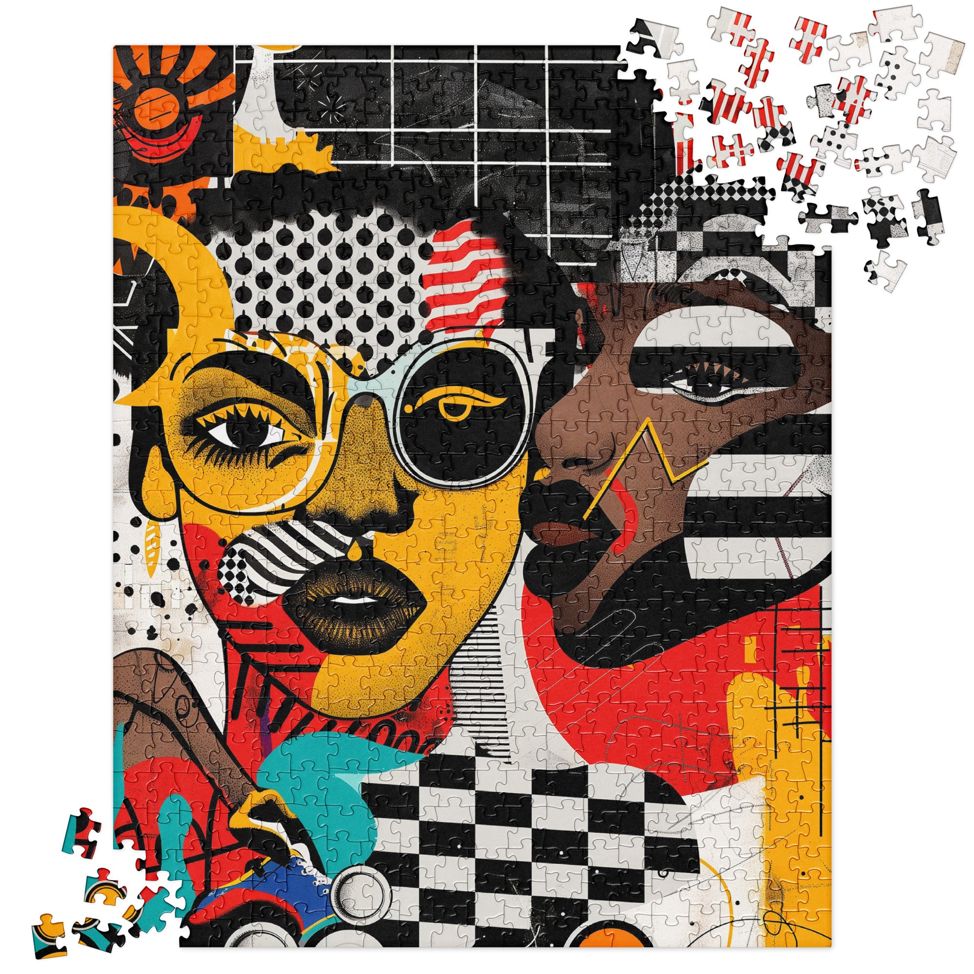 Black Women Collage Art Jigsaw Puzzle featuring a multidimensional Soul Sister design in colorful graffiti pop art style, perfect for art therapy and puzzle lovers.