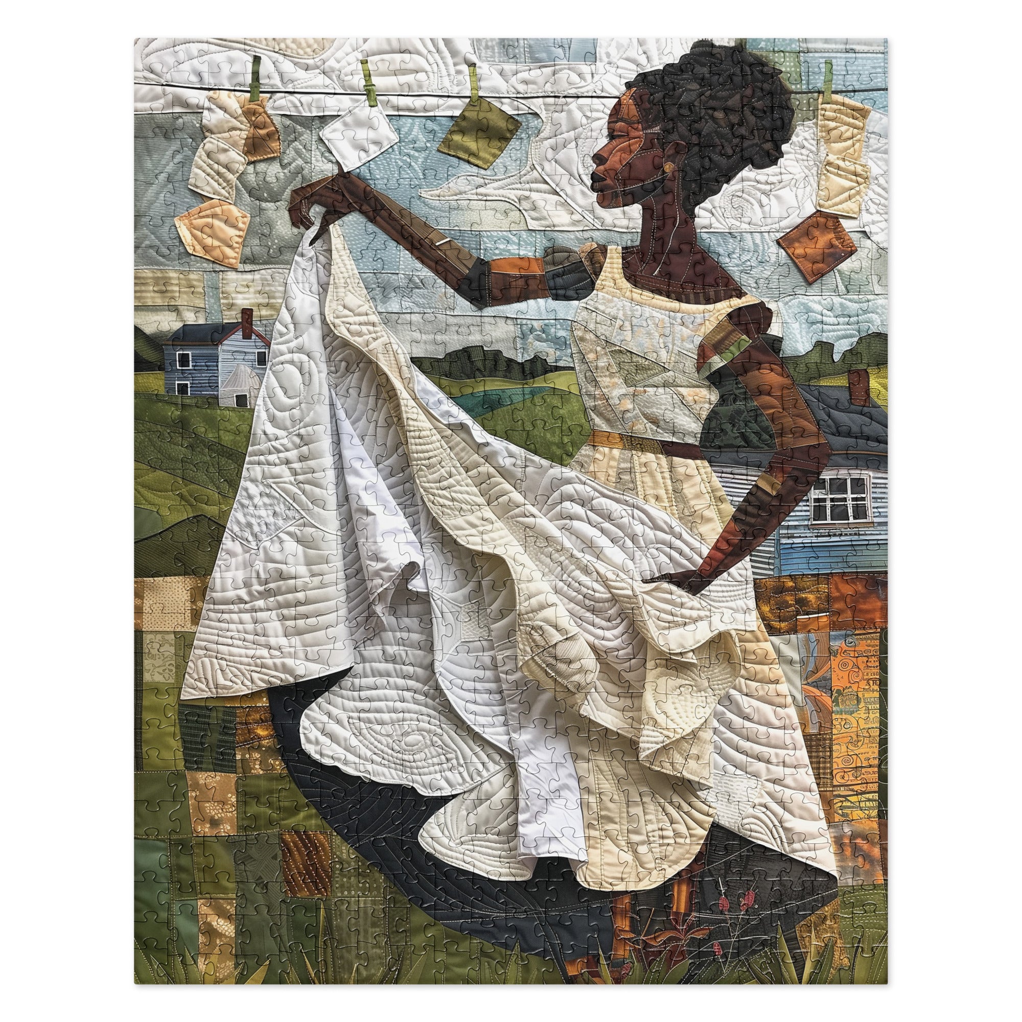 Afrocentric jigsaw puzzle featuring a Black woman hanging laundry on a clothesline, illustrated in a mosaic quilt collage style celebrating domestic life, care, and cultural heritage.
