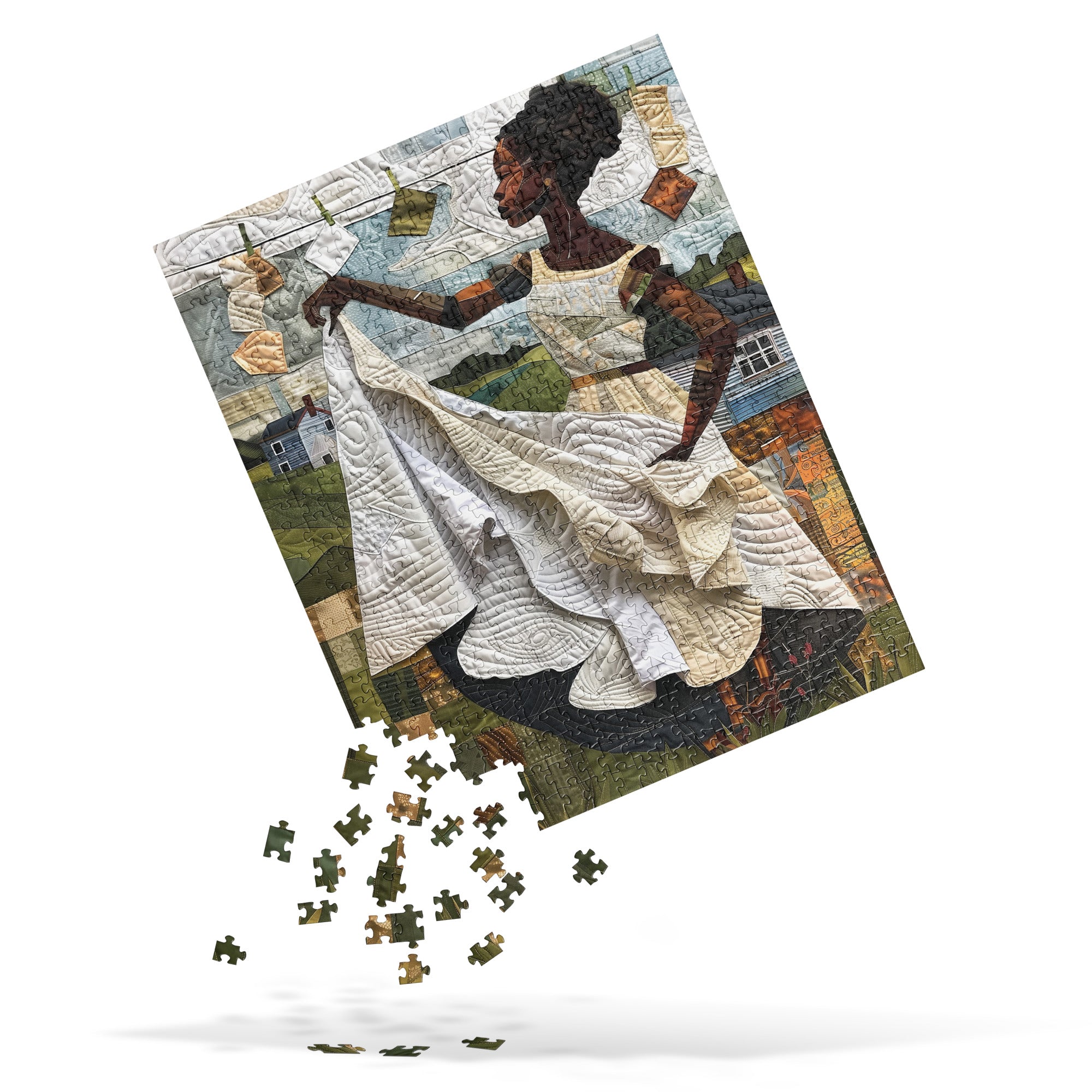 Afrocentric jigsaw puzzle featuring a Black woman hanging laundry on a clothesline, illustrated in a mosaic quilt collage style celebrating domestic life, care, and cultural heritage.