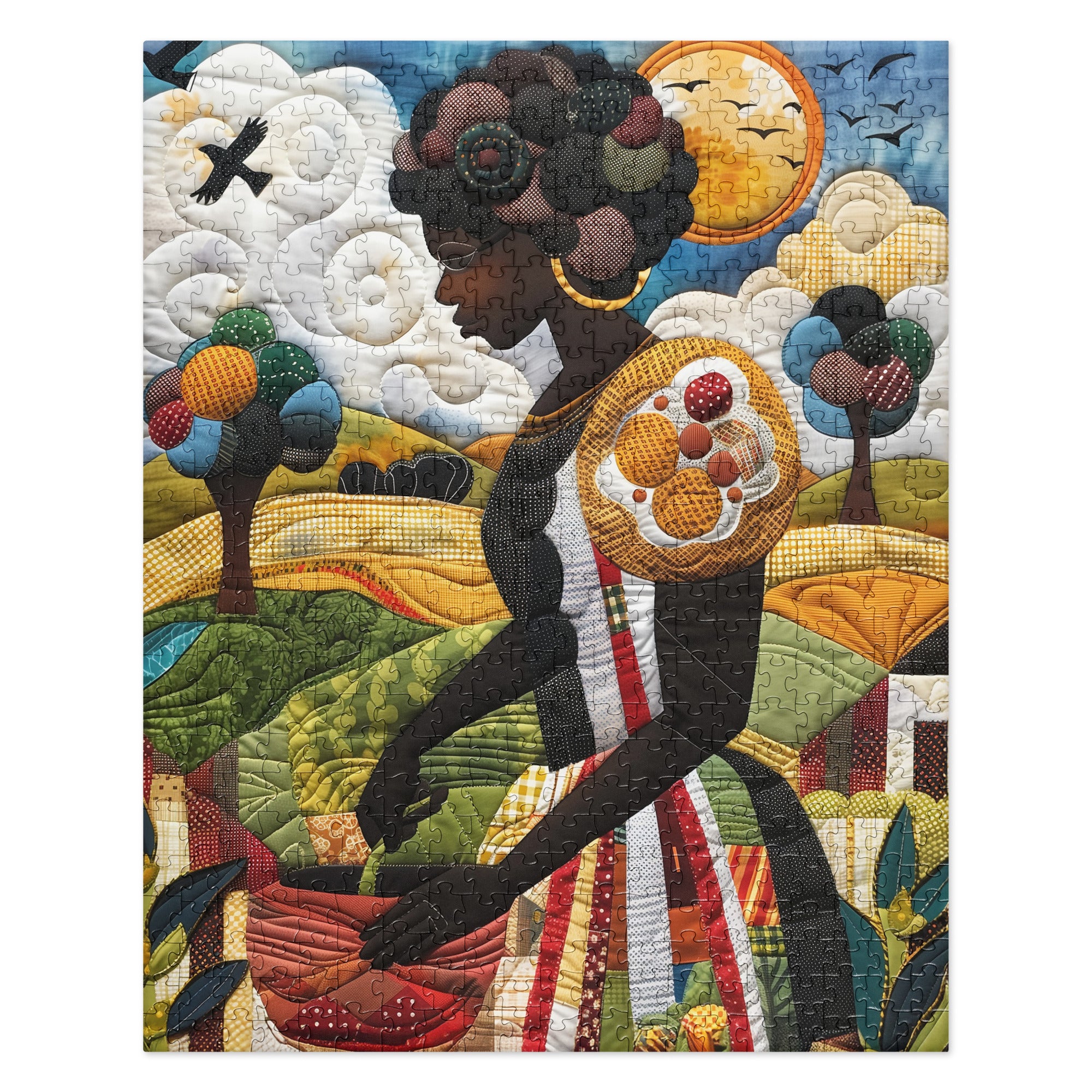 Afrocentric jigsaw puzzle featuring a Black woman planting vegetables in her backyard garden, illustrated in an abstract quilt collage style celebrating ancestral wisdom and self-sufficiency.