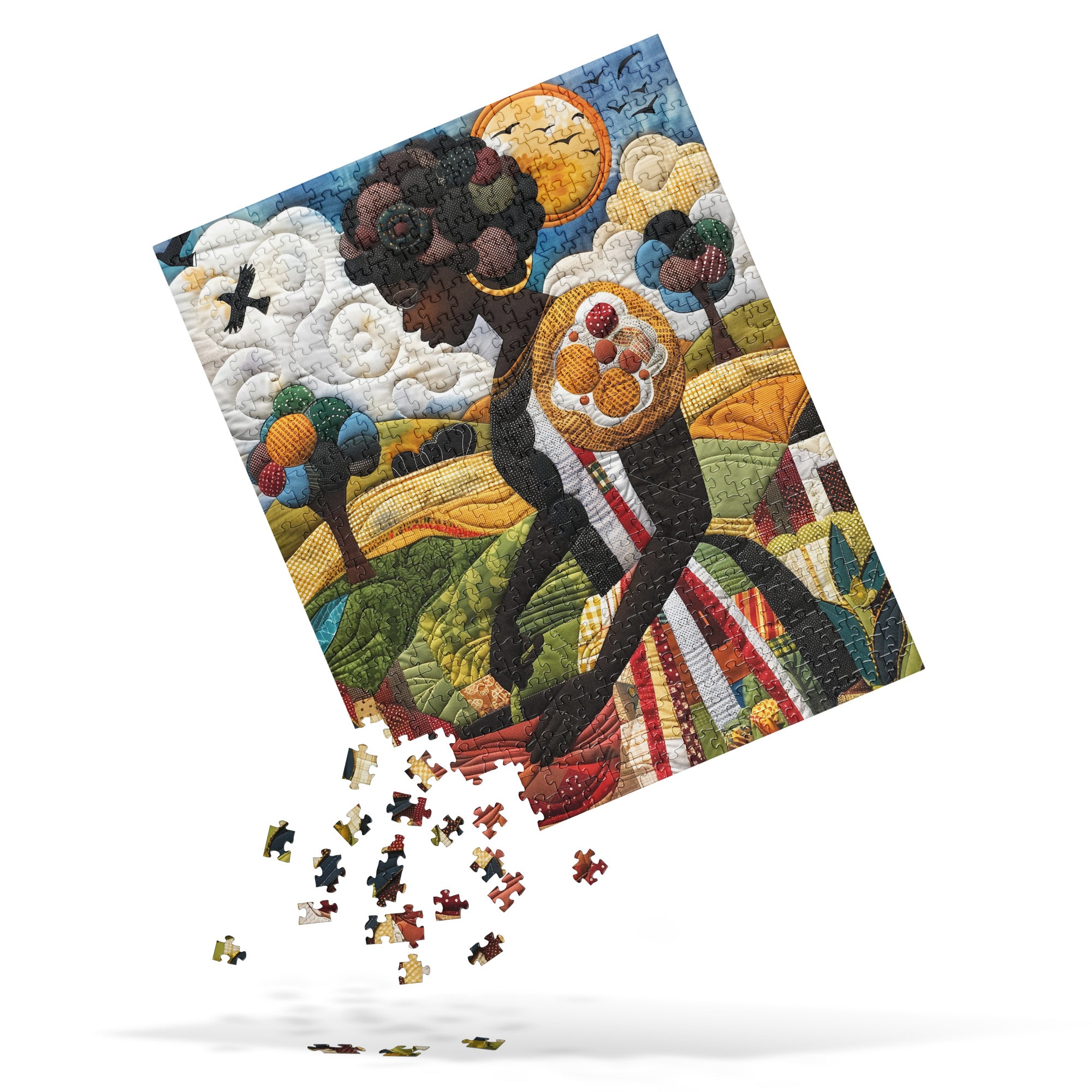 Afrocentric jigsaw puzzle featuring a Black woman planting vegetables in her backyard garden, illustrated in an abstract quilt collage style celebrating ancestral wisdom and self-sufficiency.