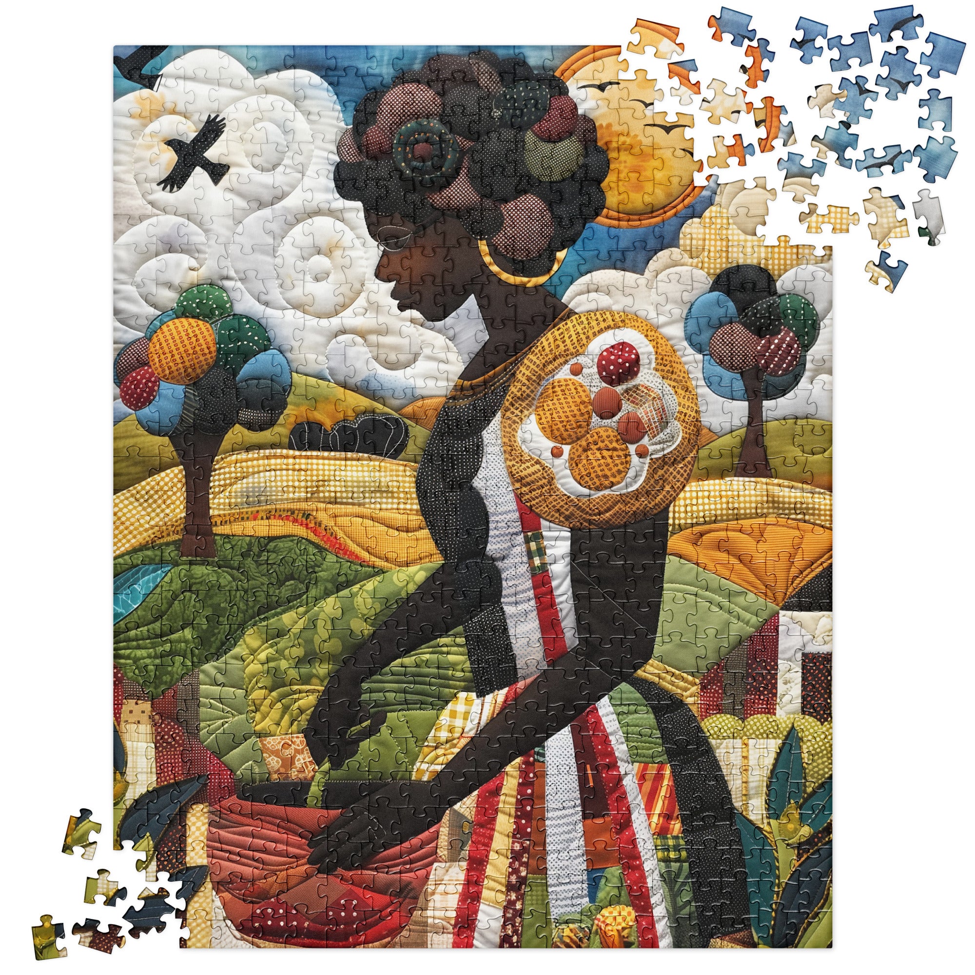 Afrocentric jigsaw puzzle featuring a Black woman hanging laundry on a clothesline, illustrated in a mosaic quilt collage style celebrating domestic life, care, and cultural heritage.