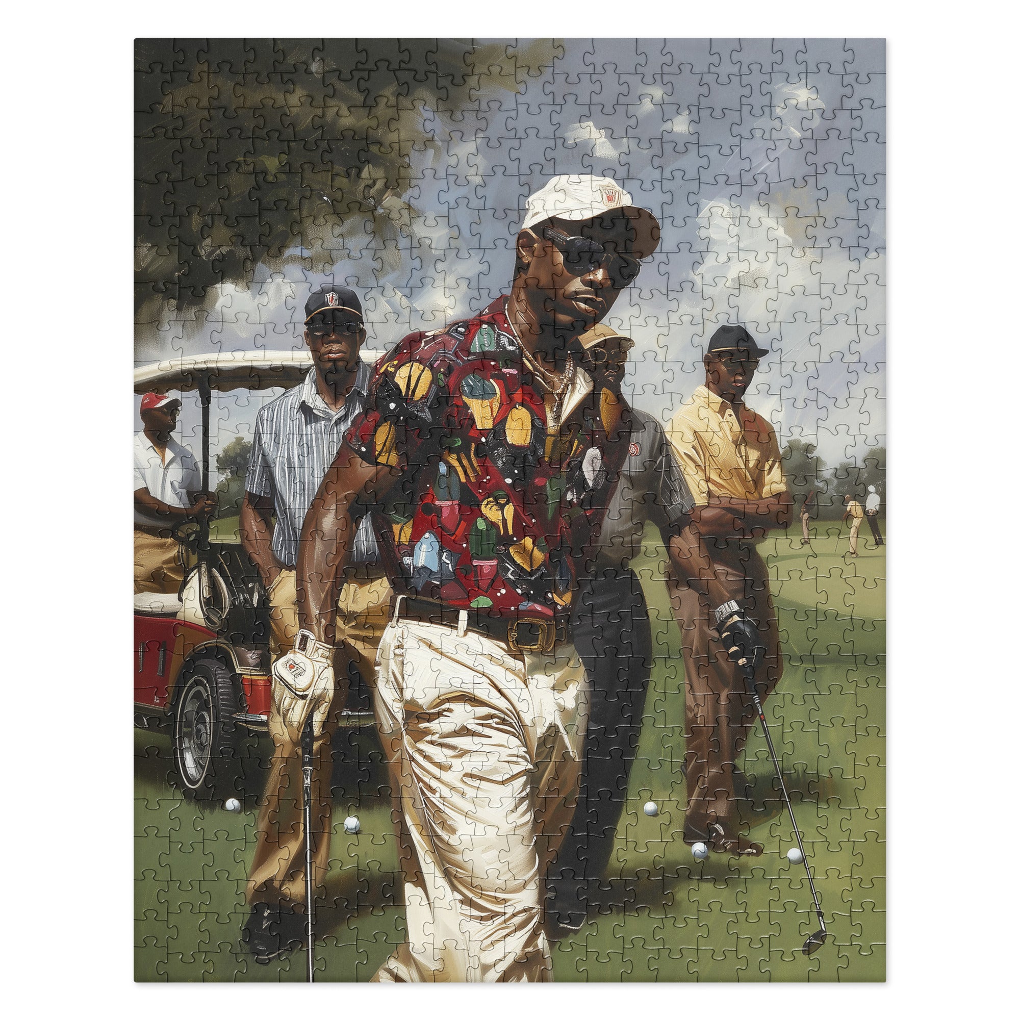 Afrocentric jigsaw puzzle featuring stylish Black men playing golf on a lush green course, celebrating Black joy, brotherhood, and leisure in a vibrant fine art style.