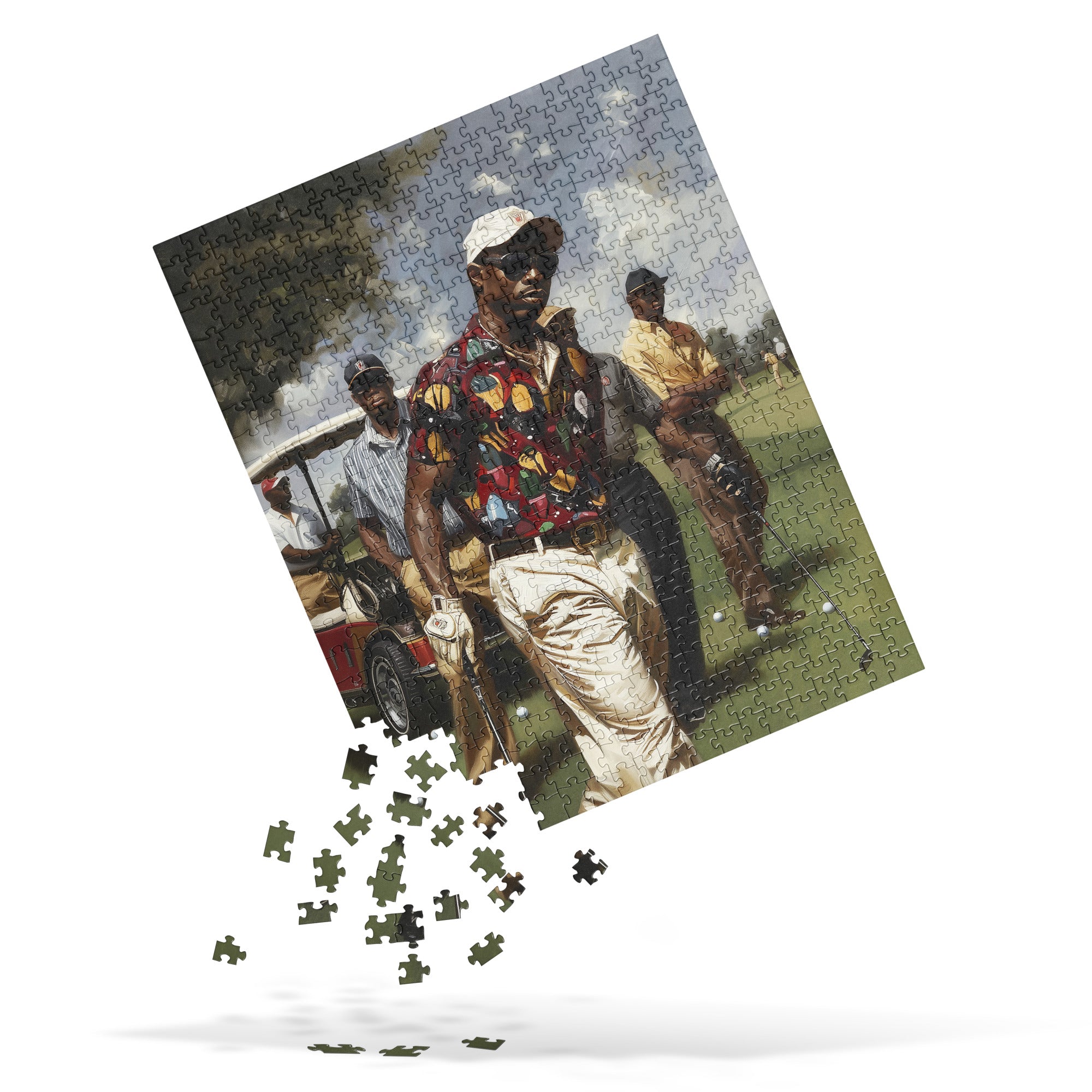 Afrocentric jigsaw puzzle featuring stylish Black men playing golf on a lush green course, celebrating Black joy, brotherhood, and leisure in a vibrant fine art style.