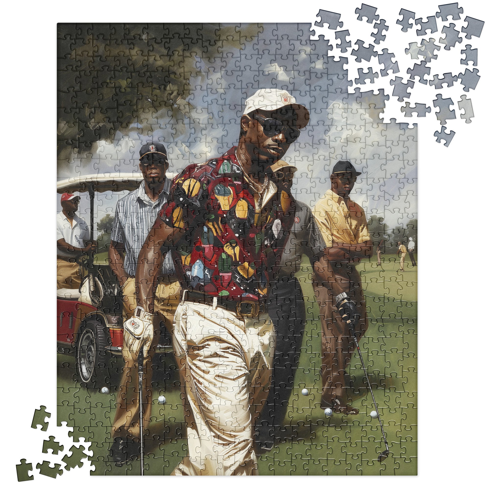 Afrocentric jigsaw puzzle featuring stylish Black men playing golf on a lush green course, celebrating Black joy, brotherhood, and leisure in a vibrant fine art style.