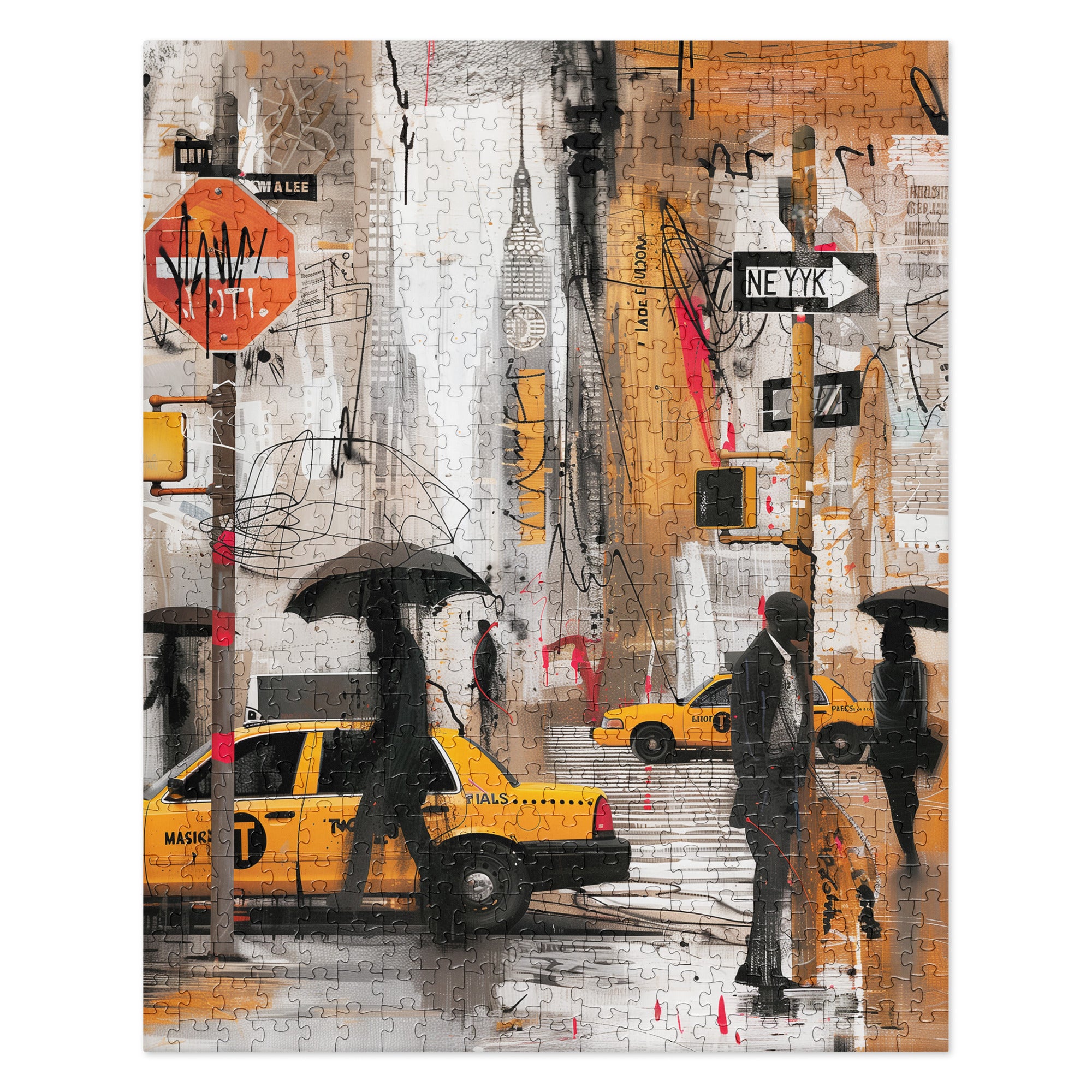 Graffiti-style jigsaw puzzle featuring Black silhouettes walking in the rain with umbrellas, surrounded by NYC yellow taxis and Manhattan skyscrapers in a gritty urban cityscape.
