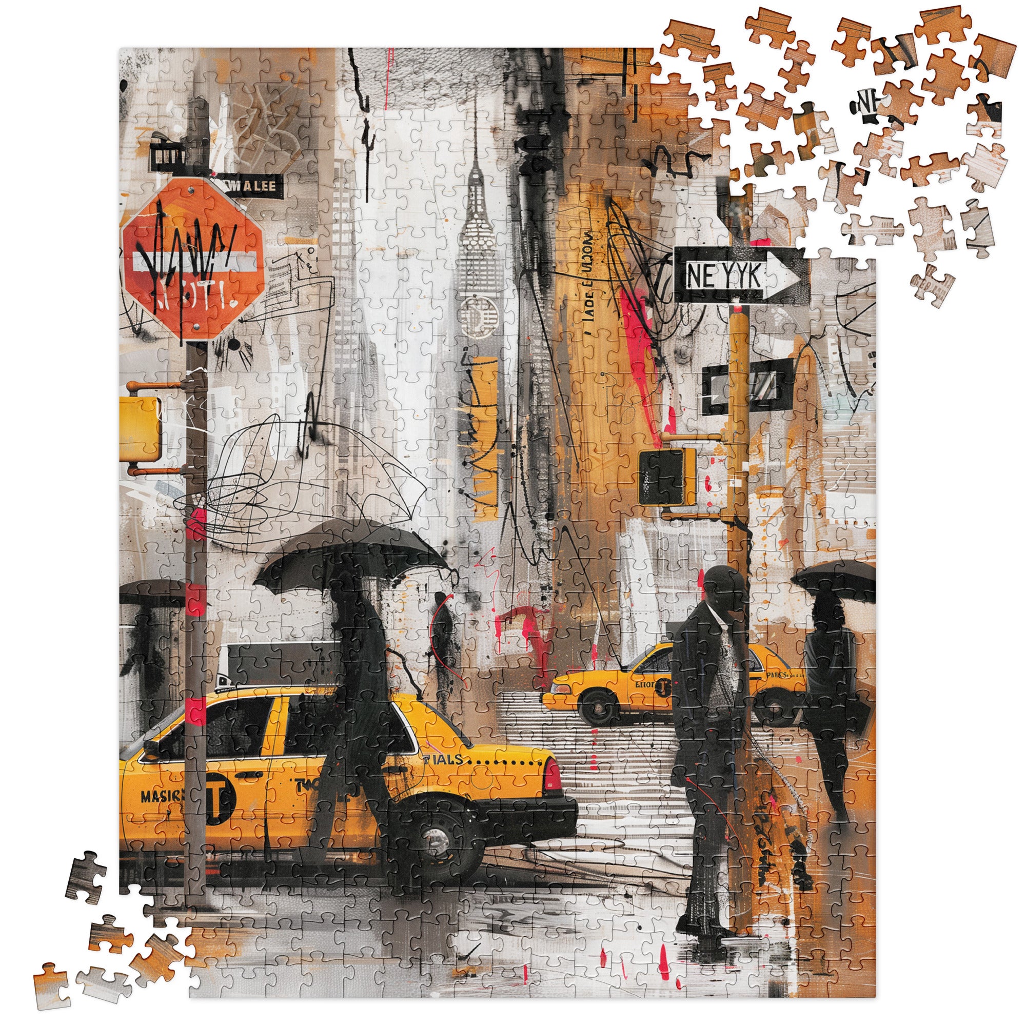 Graffiti-style jigsaw puzzle featuring Black silhouettes walking in the rain with umbrellas, surrounded by NYC yellow taxis and Manhattan skyscrapers in a gritty urban cityscape.