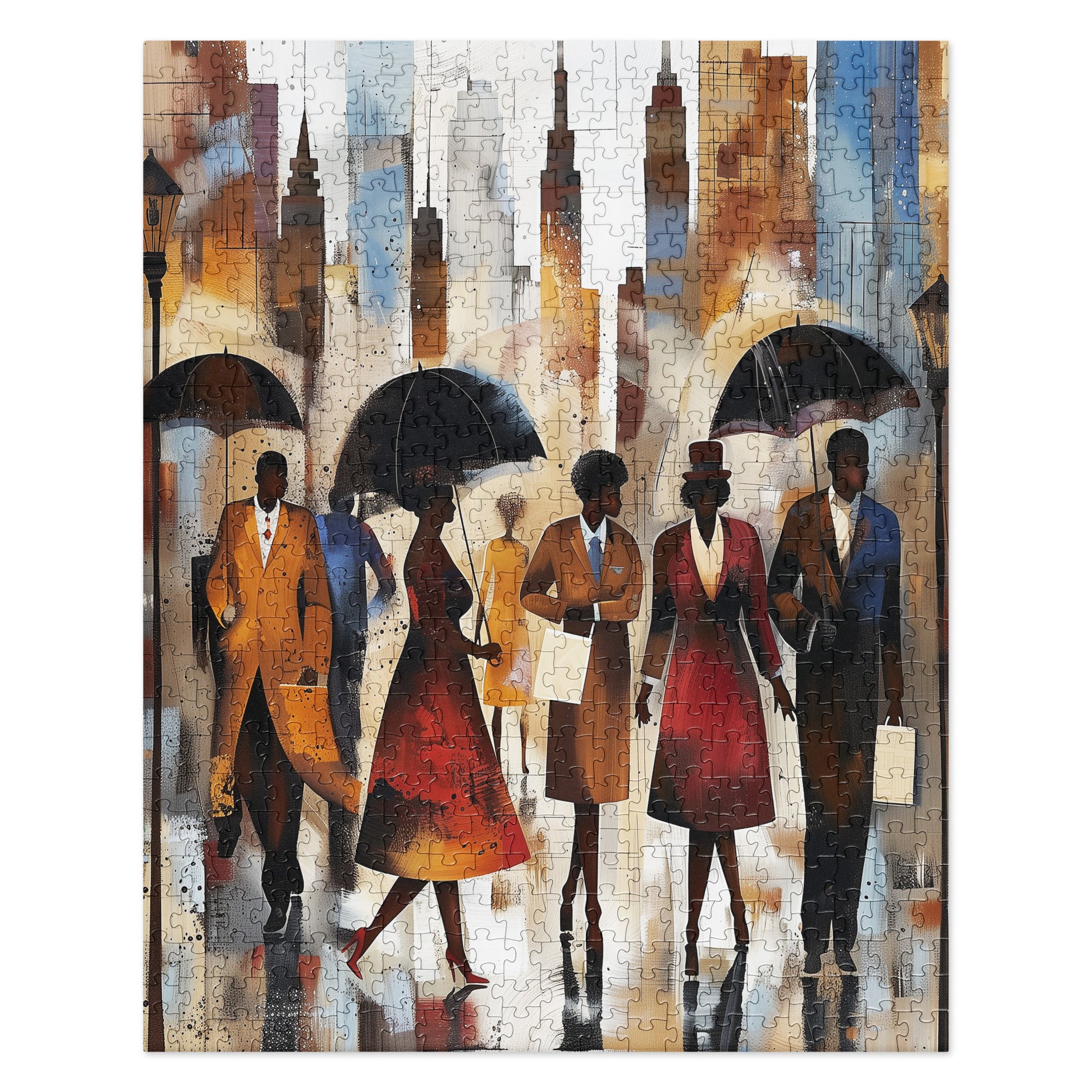 Abstract art jigsaw puzzle featuring Black silhouettes walking in the rain with umbrellas, with Manhattan skyscrapers in a moody, urban cityscape.