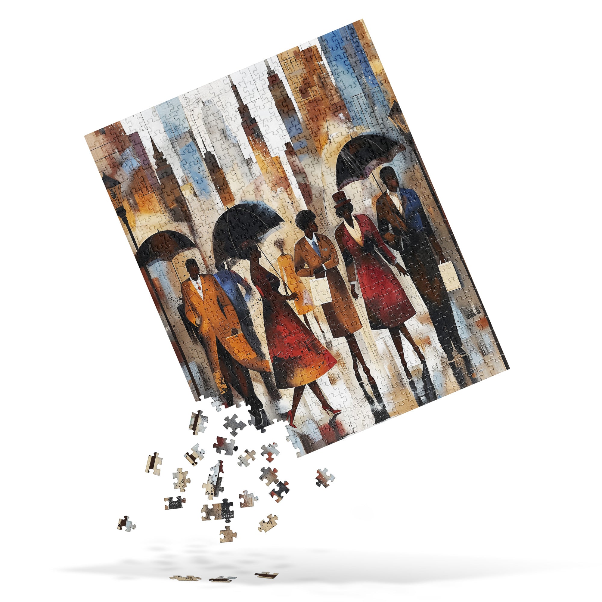 Abstract art jigsaw puzzle featuring Black silhouettes walking in the rain with umbrellas, with Manhattan skyscrapers in a moody, urban cityscape.
