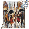 Abstract art jigsaw puzzle featuring Black silhouettes walking in the rain with umbrellas, with Manhattan skyscrapers in a moody, urban cityscape.