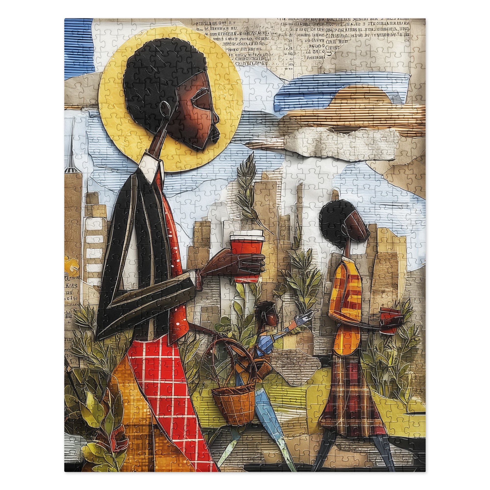 Abstract jigsaw puzzle of Black commuters walking in Manhattan with coffee cups and potted plants, surrounded by yellow taxis and NYC skyscrapers during morning rush hour.