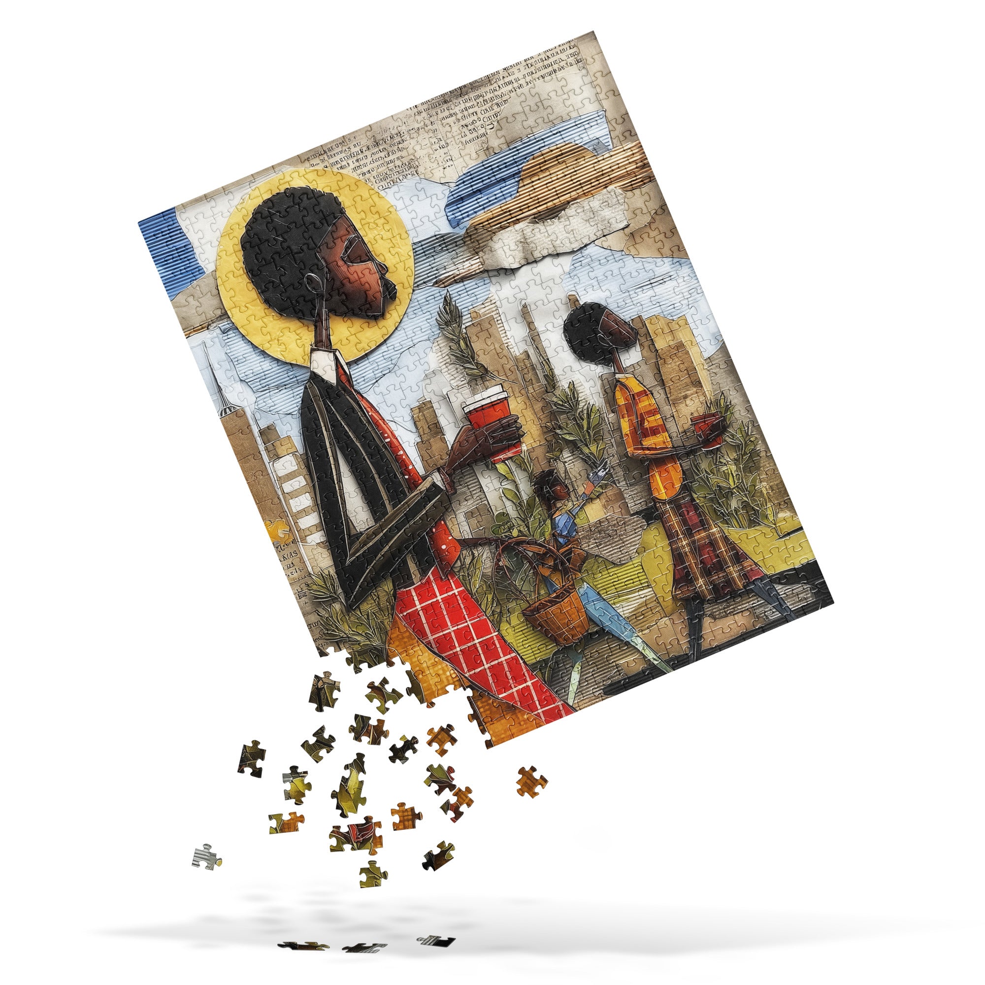 Abstract jigsaw puzzle of Black commuters walking in Manhattan with coffee cups and potted plants, surrounded by yellow taxis and NYC skyscrapers during morning rush hour.