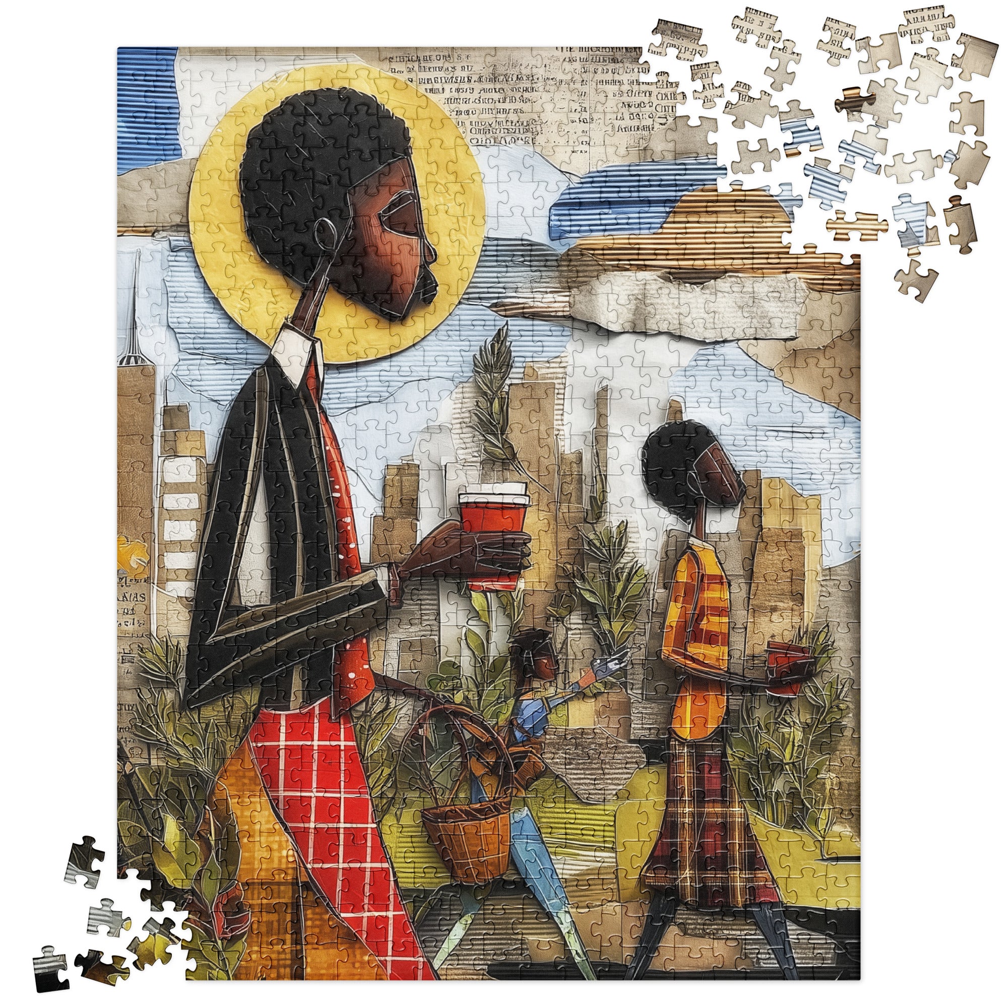 Abstract jigsaw puzzle of Black commuters walking in Manhattan with coffee cups and potted plants, surrounded by yellow taxis and NYC skyscrapers during morning rush hour.